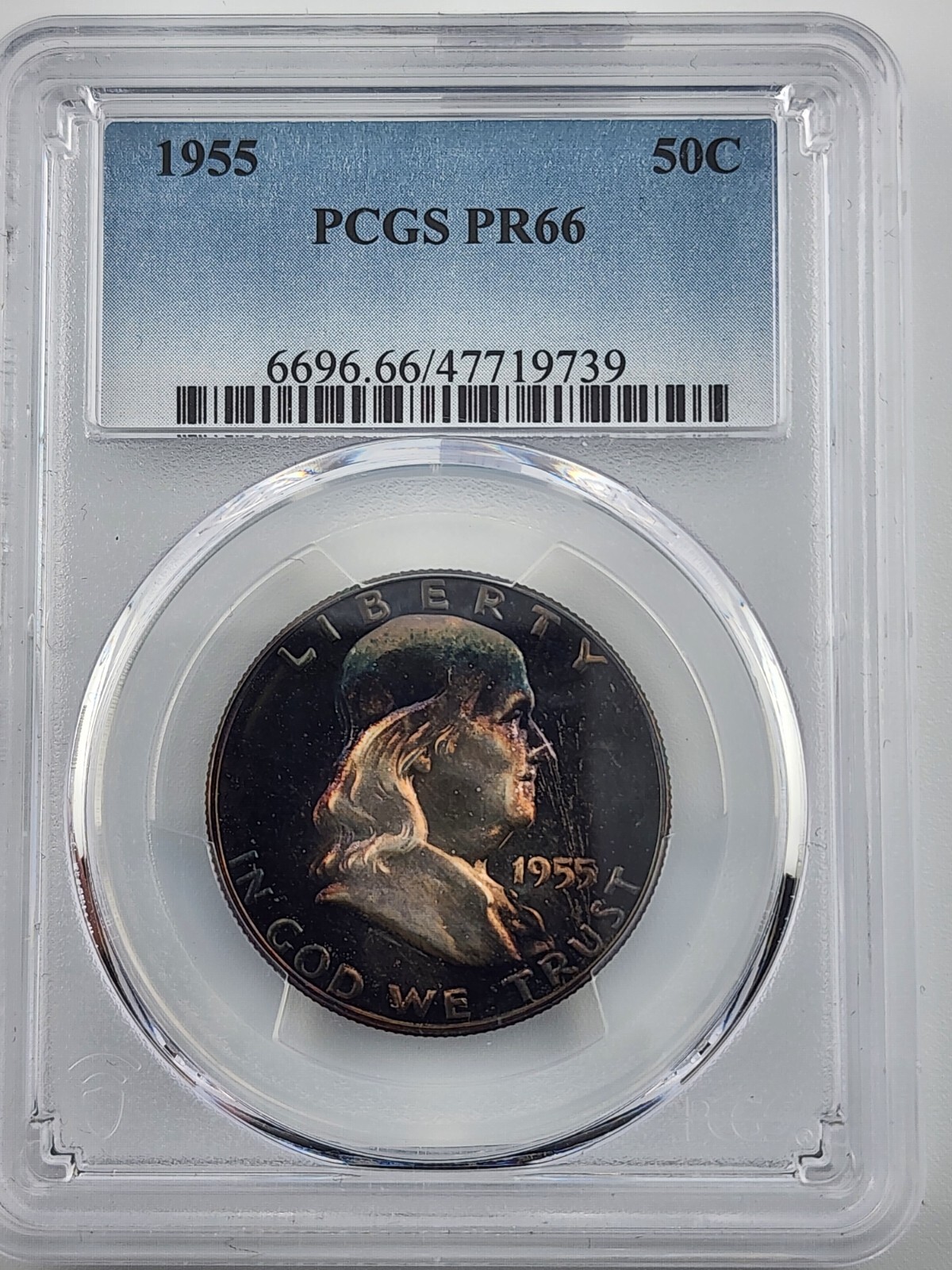 1955 Silver Proof Franklin Half Dollar PCGS PR66 Monster Rainbow Toner