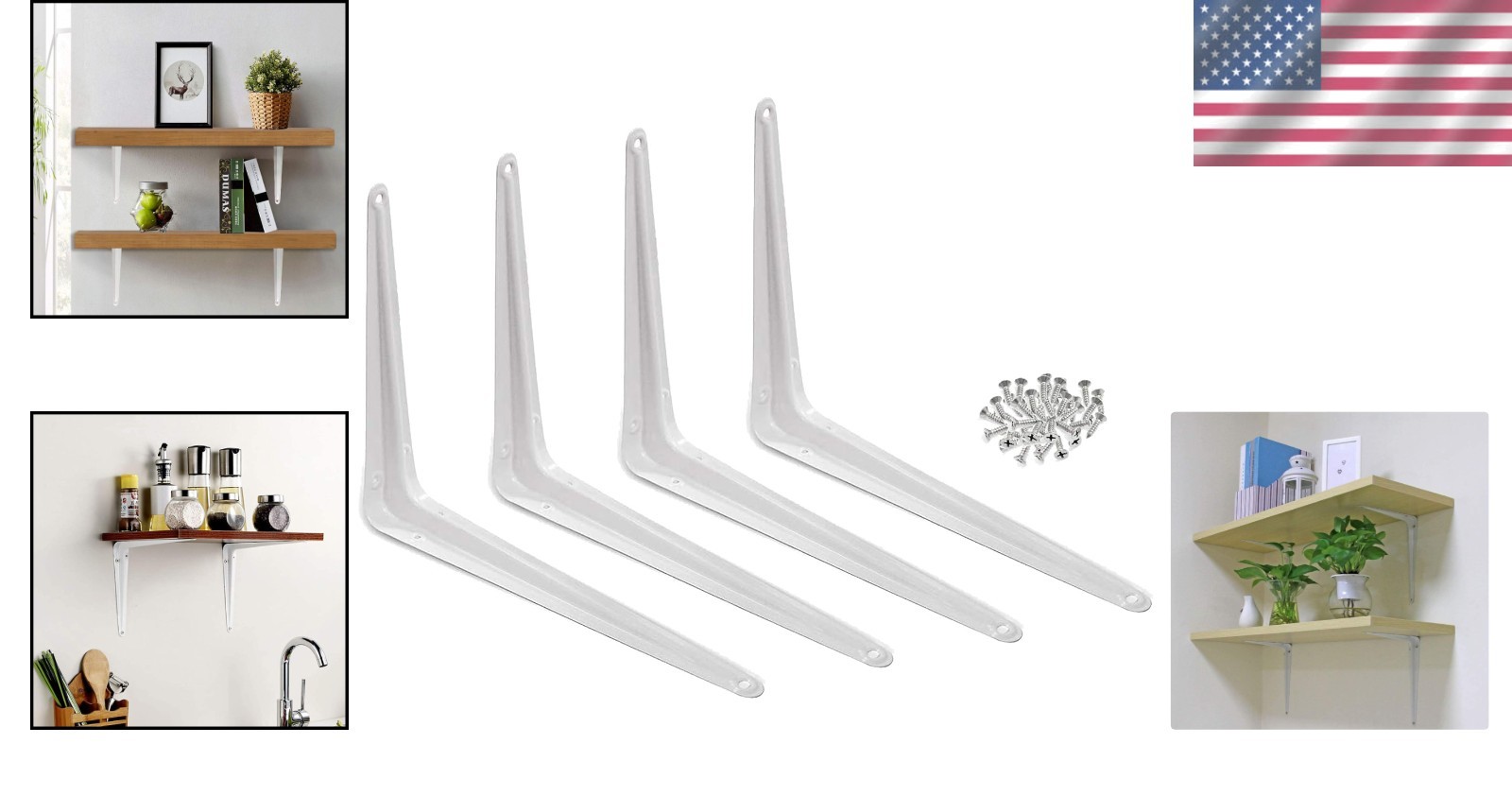 Glossy White 8" x 10" Metal Shelf Brackets | Durable Wall Mount Support, 4 Pack