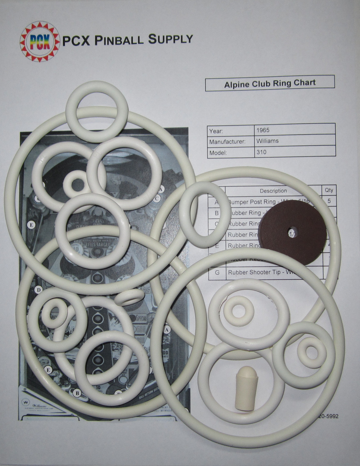 1965 Williams Alpine Club Pinball Machine Rubber Ring Kit