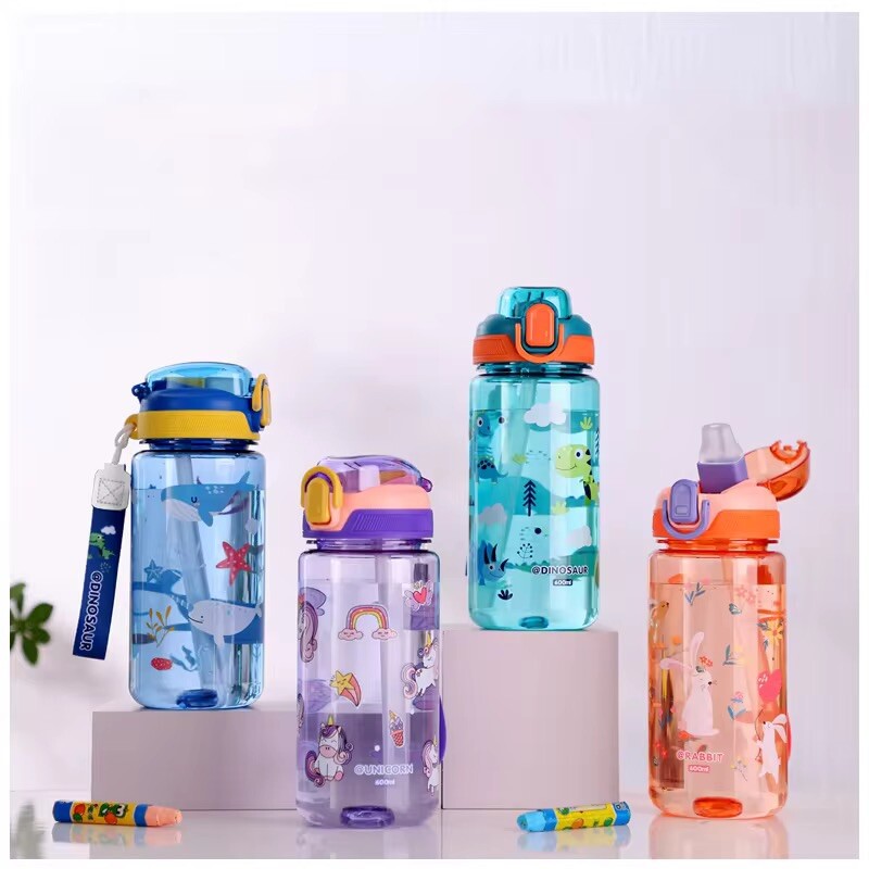 Kids Water Bottle, 20oz with lid, Straw & rope ideal for school, hiking, sports