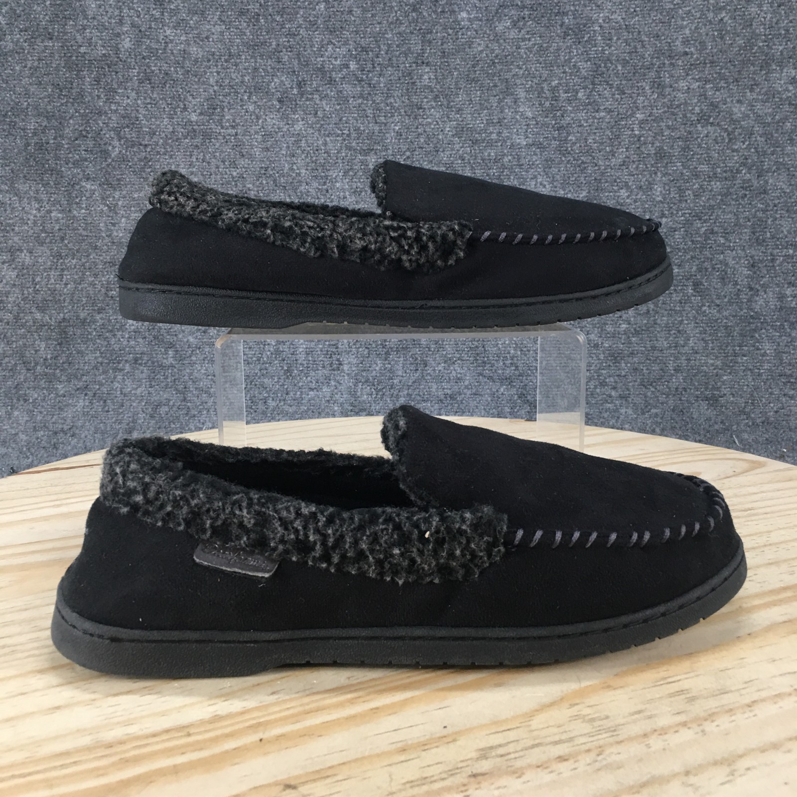 Dearfoams Slippers Mens 9-10 Keaton Slip On Moccasin Black Comfort Faux Fur