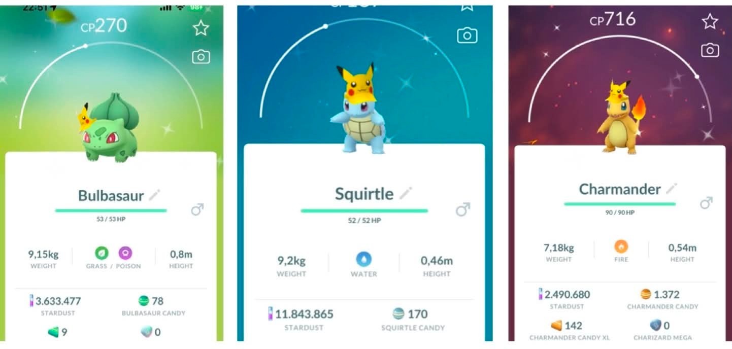 Pokémon Go Shiny Charmander/Squirtle/Bulbasaur wearing Pikachu visor - Trade/PTC
