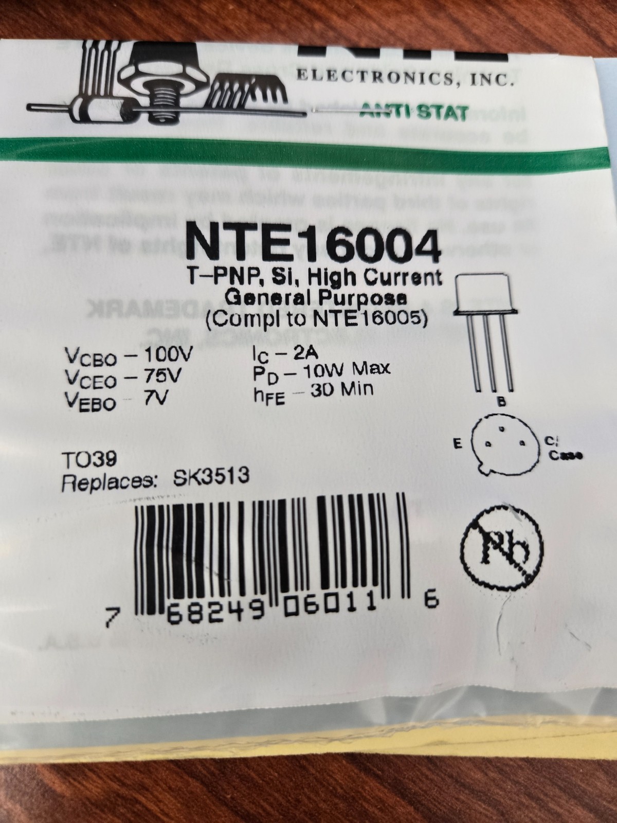 NTE16005 T-NPN, Si, High Current Gen Purp (Compl To NTE16004) TO39 SK3512