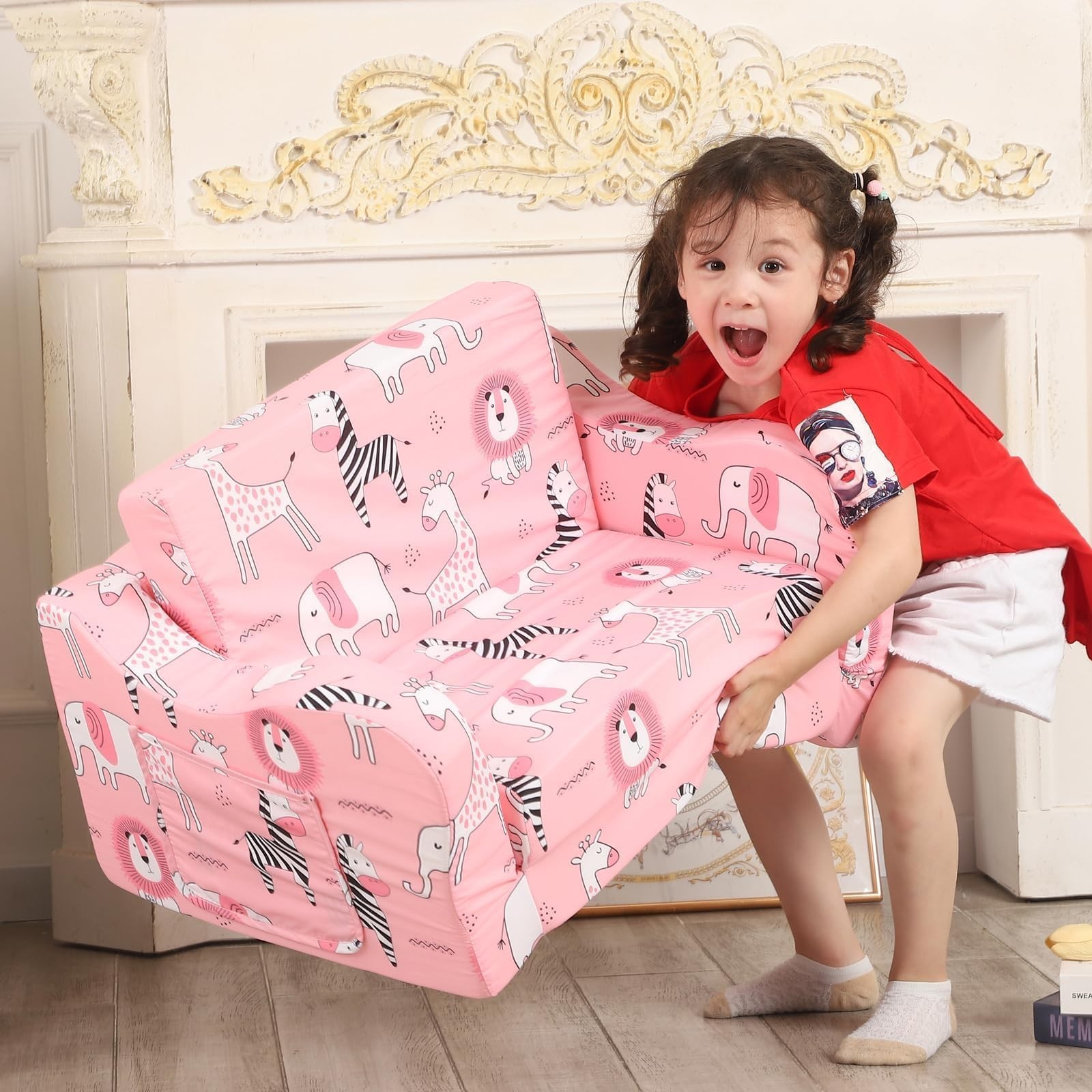 Sofa, 2-in-1 Flip-Out Foam Couch, Foldable Soft Play Lounge Chair, Pink