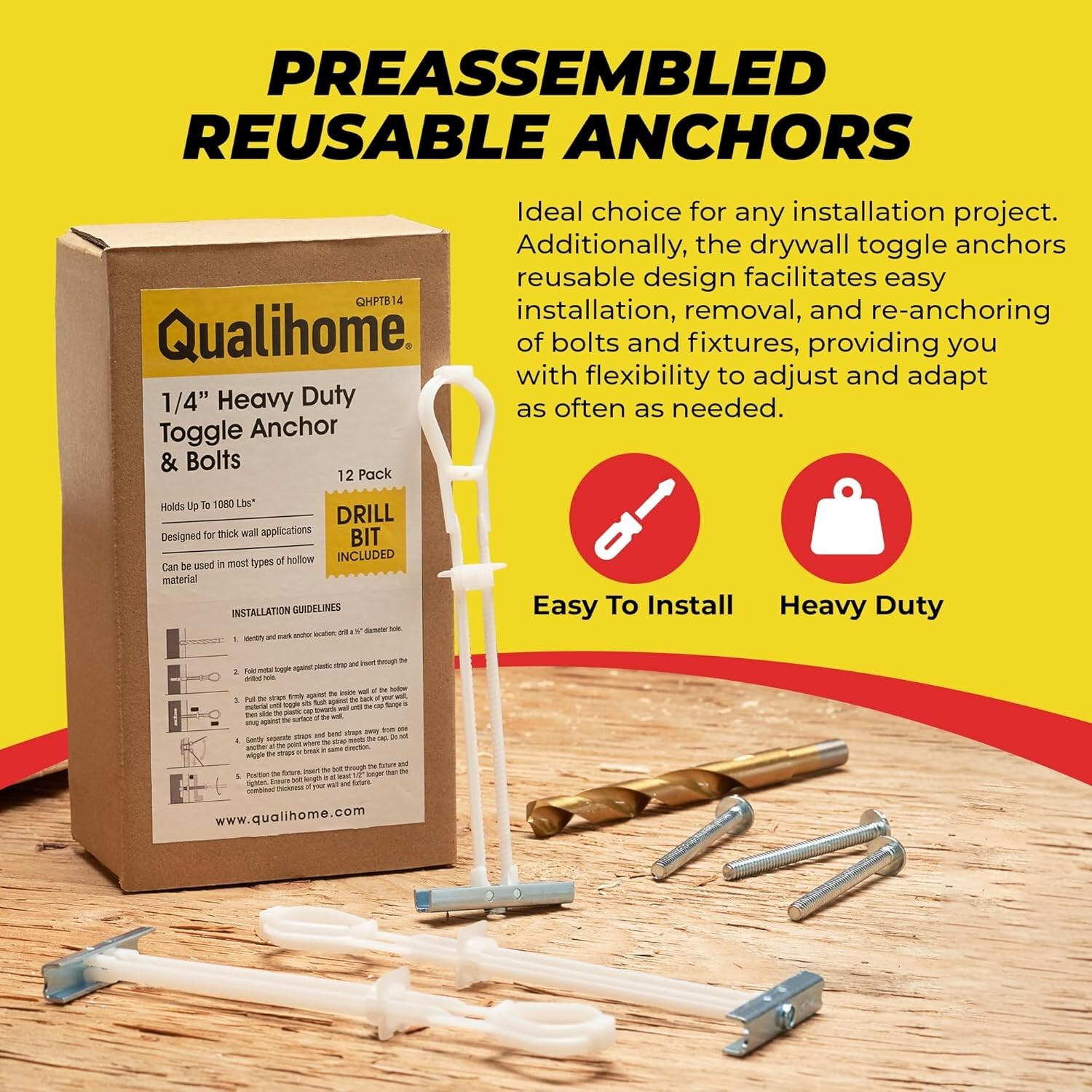 *1-Pack* Qualihome 1/4" Heavy Duty Toggle Anchor & Bolts Up To 1080 LBS QHPTB14