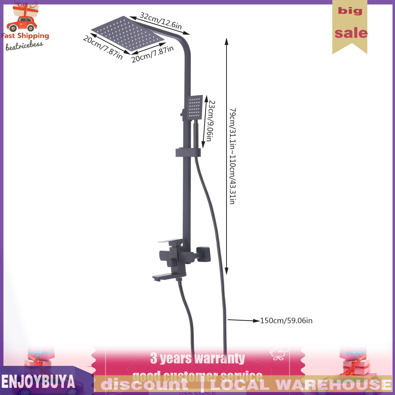 Shower Faucet Set System Rainfall Shower Head Handle Combo Kit Wall Mount Black
