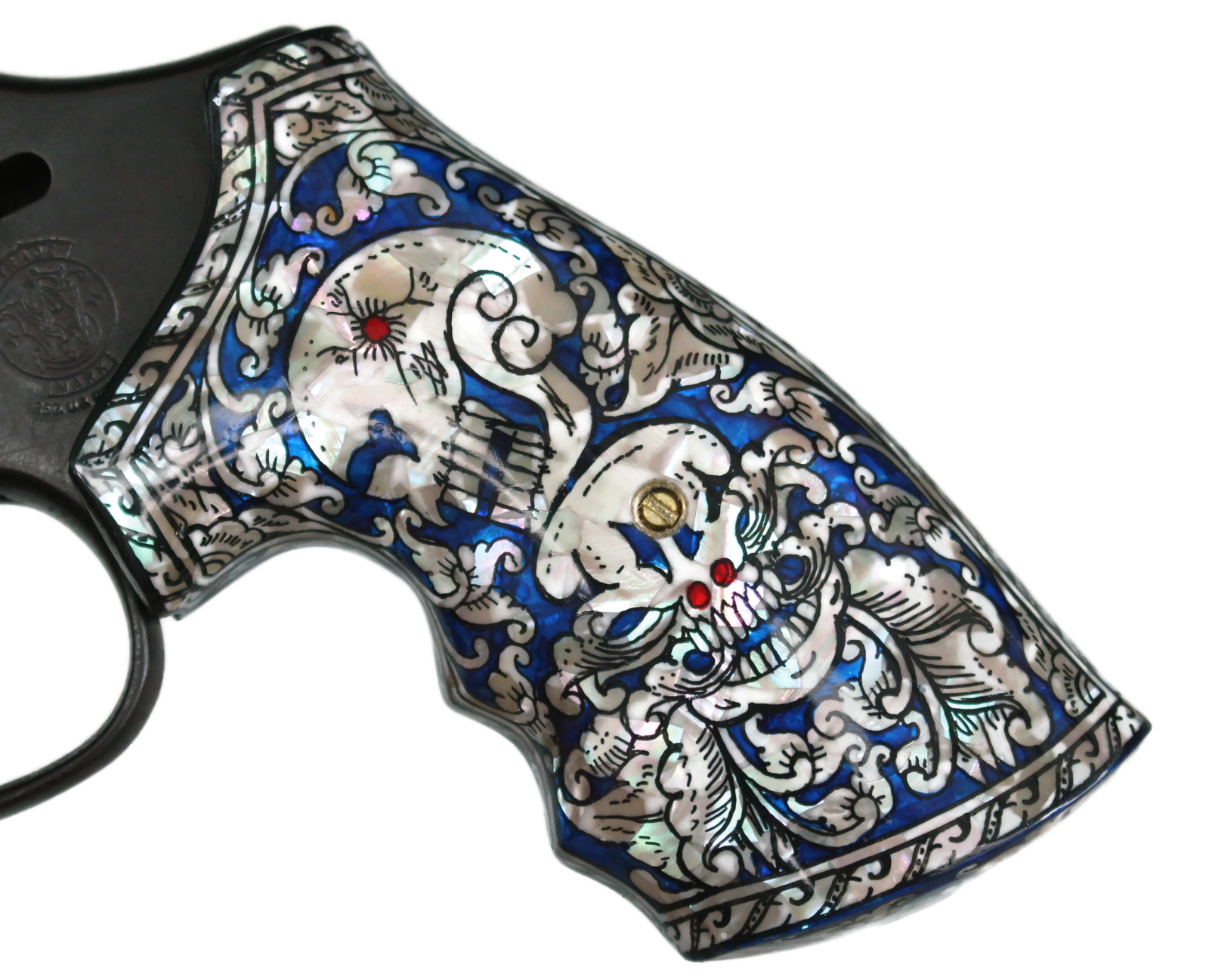 MOTHER OF PEARL GRIPS FOR S&W K, L FRAME SQ/RD BUTT BLUE SKULL ART VITOONMAKERS