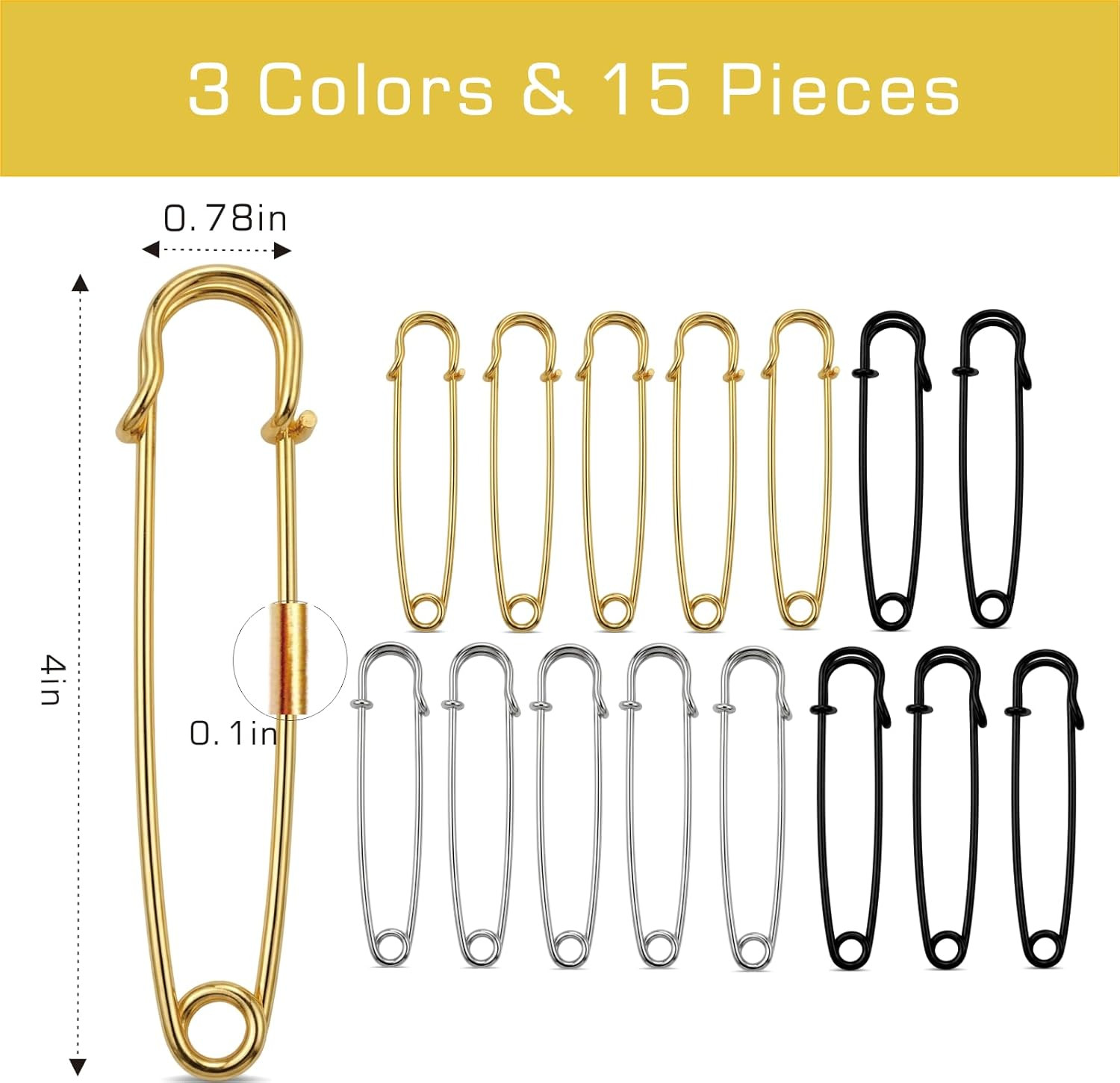 15Pcs Extra Large Heavy Duty Safety Pins, 4 Inch Jumbo Big Giant Safety Pins, 3