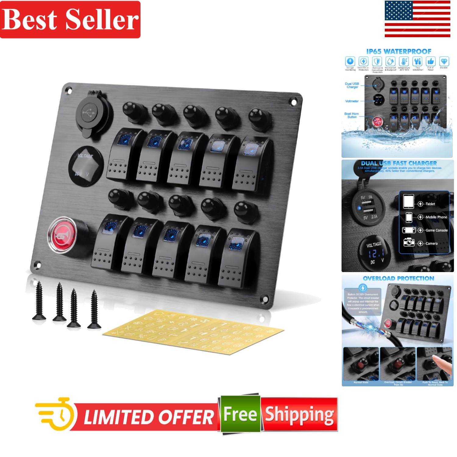 10 Gang Marine Rocker Switch Panel With LED Circuit Breaker 12V/24V DC Power ...