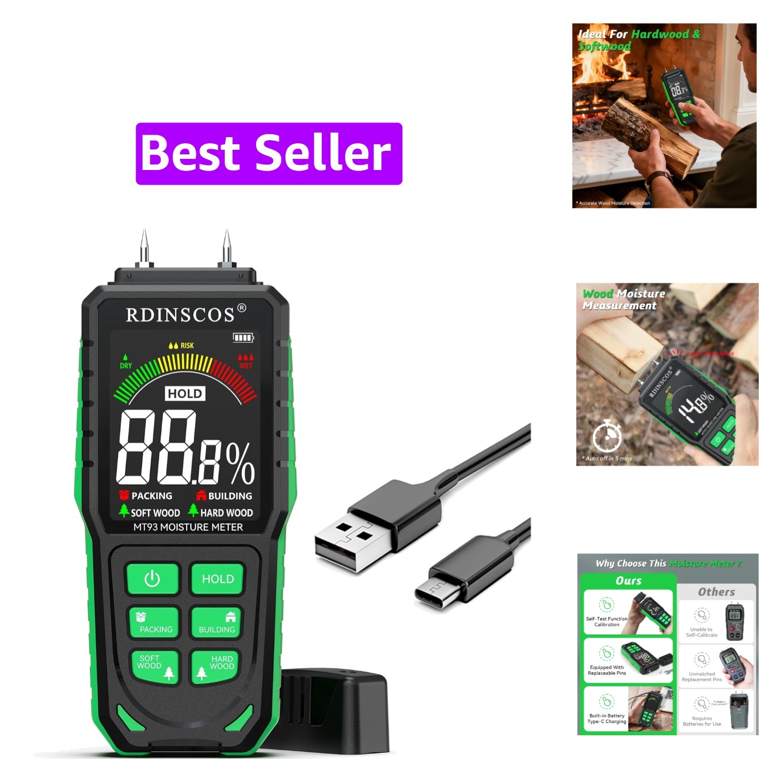 Rechargeable Moisture Meter for Wood, Walls & Hardwood | Pin Type Moisture De...
