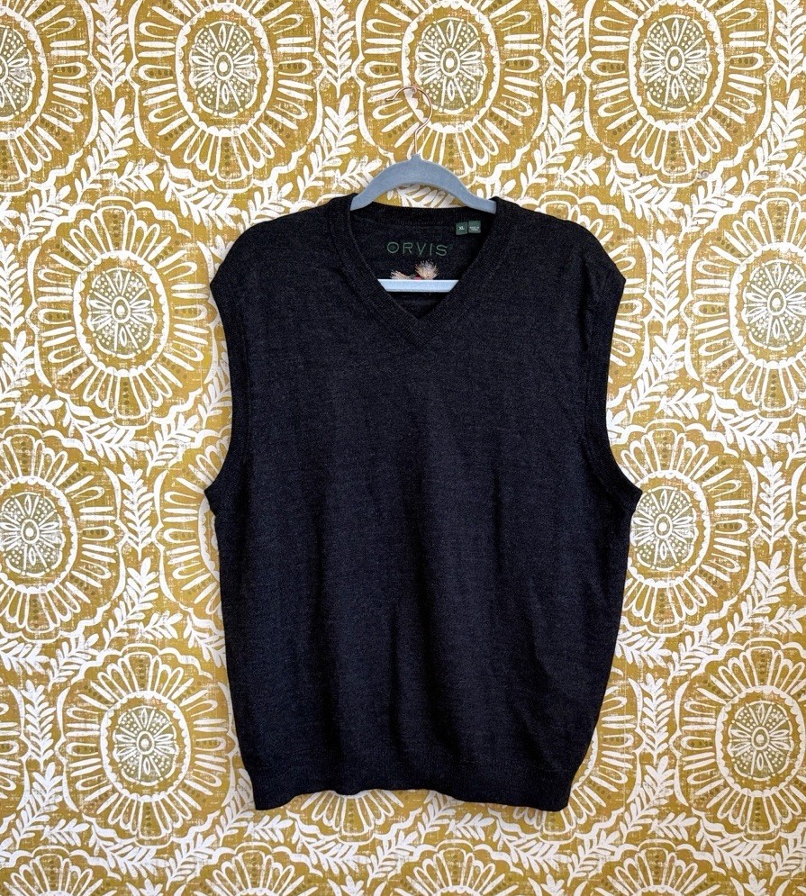 ORVIS Men’s Merino Wool V-Neck Knit Sweater Vest in Charcoal Gray Sz XL