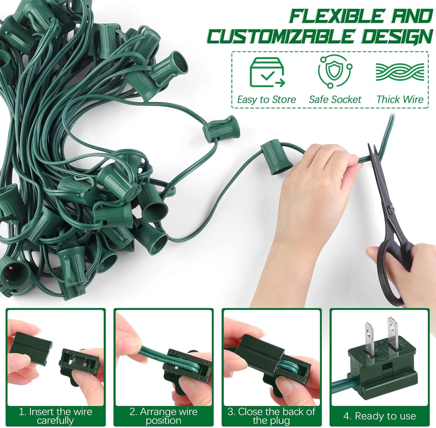 50 Ft C9/E17 Christmas Light Sockets Set Outdoor UL Listed String Light Include