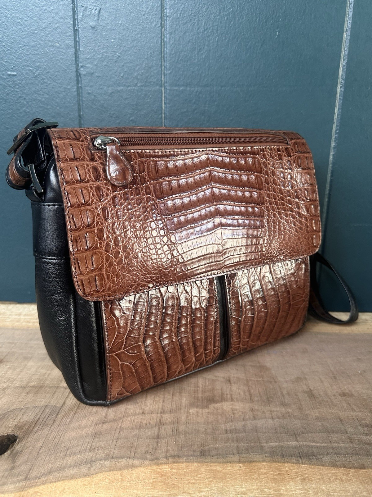 Vintage Genuine Caiman Leather Crossbody Bag Black Brown Exotic Flap Shoulder
