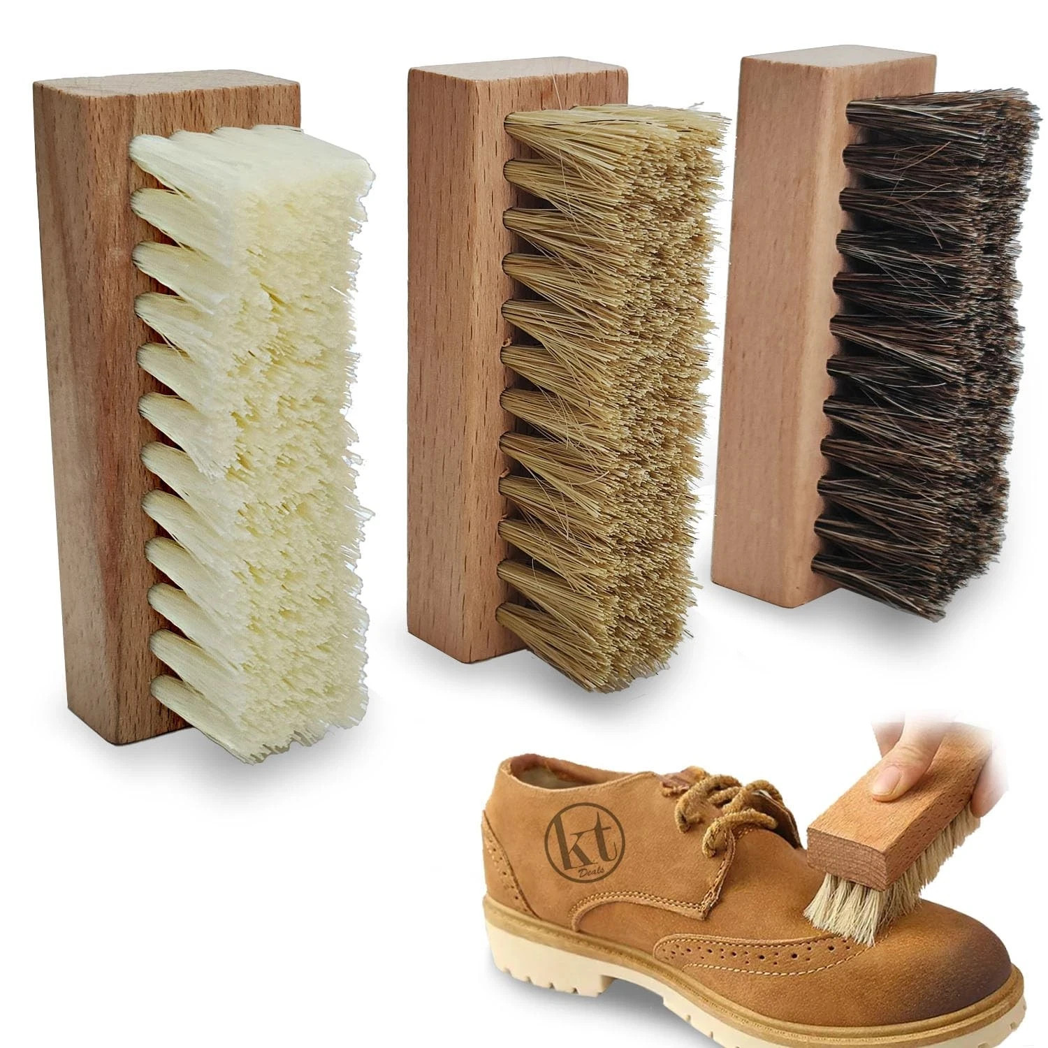 Small Shoe Cleaning Brush Set of 3 Brushes with Nylon, Boar and Horsehair Bri...