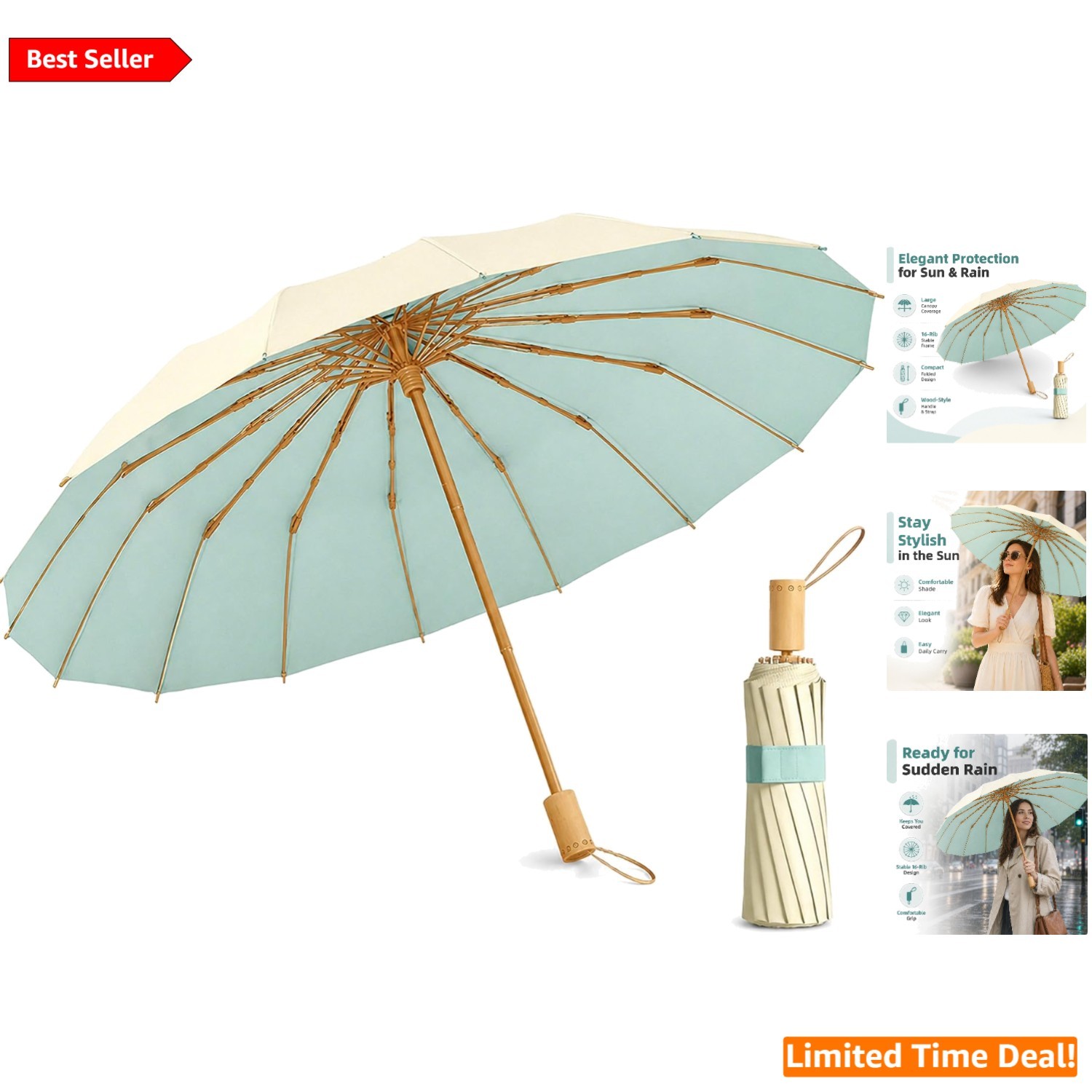 Umbrella 42 Inch Pale Yellow Compact UV Protection Windproof