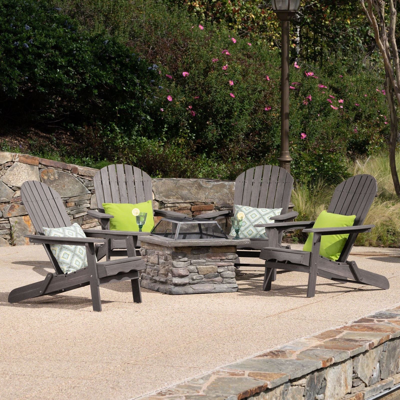 Benson Outdoor 5 Piece Acacia Wood/ Light Weight Concrete Adirondack Chair Set w