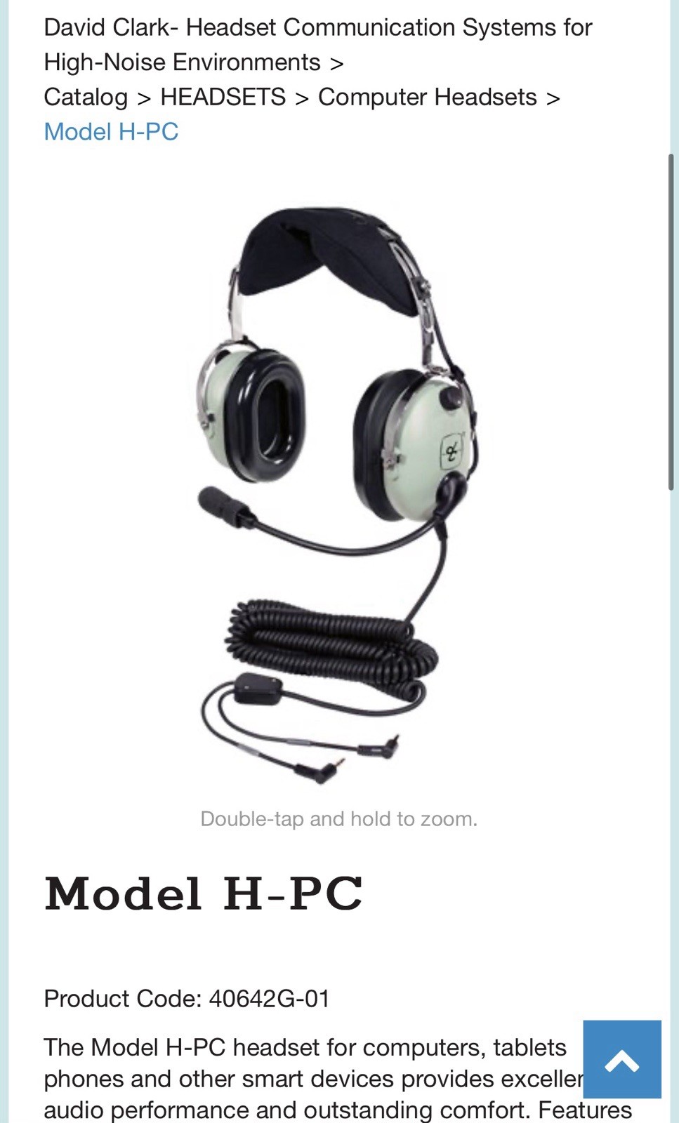 David Clark H-PC 40642G-01 Headset For Computers Tablets 3.5mm Jack Noise Cancel