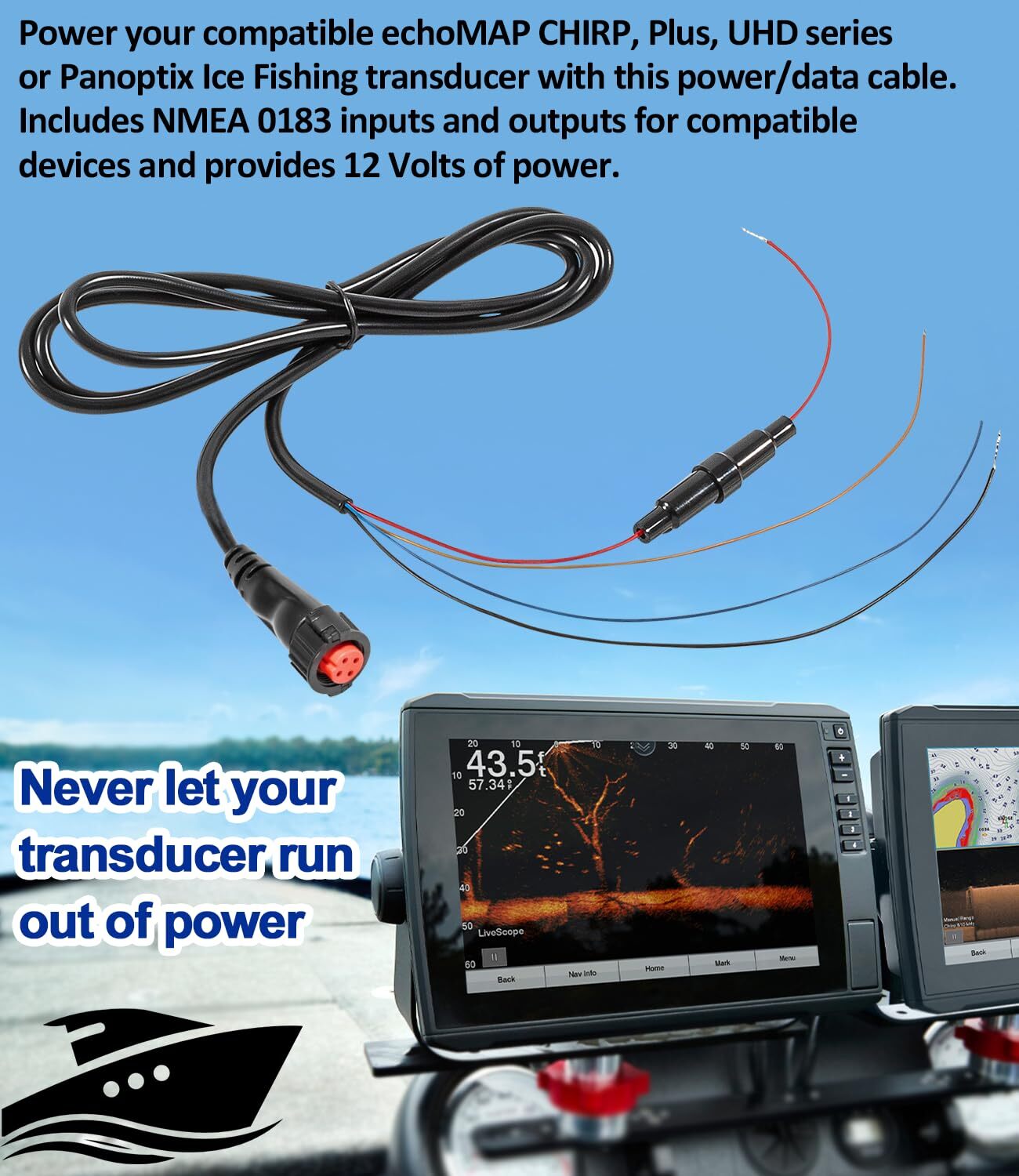 Power/Data Cable Threaded 4-Pin for Garmin Transducers echoMAP 010-12445-00