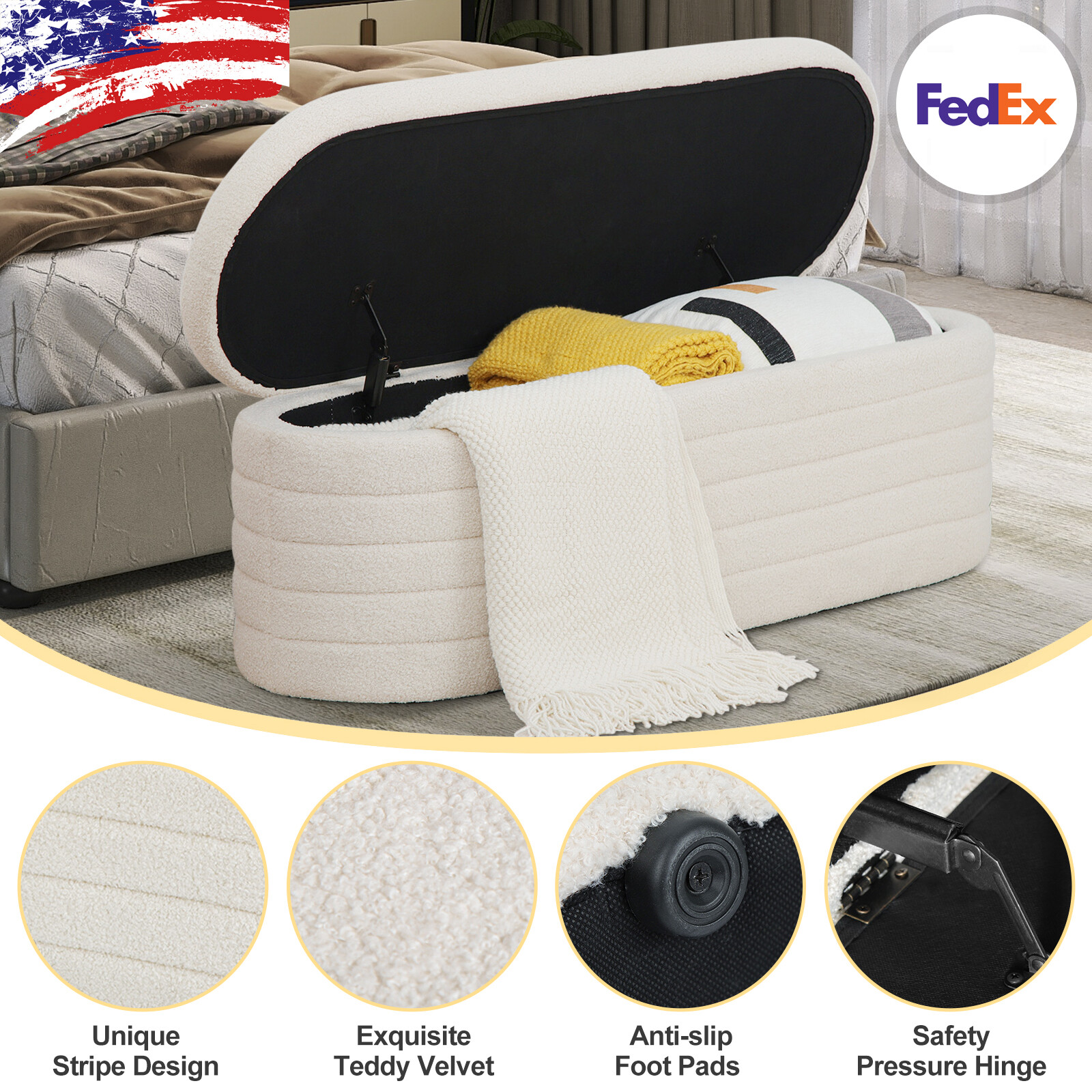 45.5" Upholstered Storage Ottoman Bench Fabric End of Bed Stool Entryway Sofa US