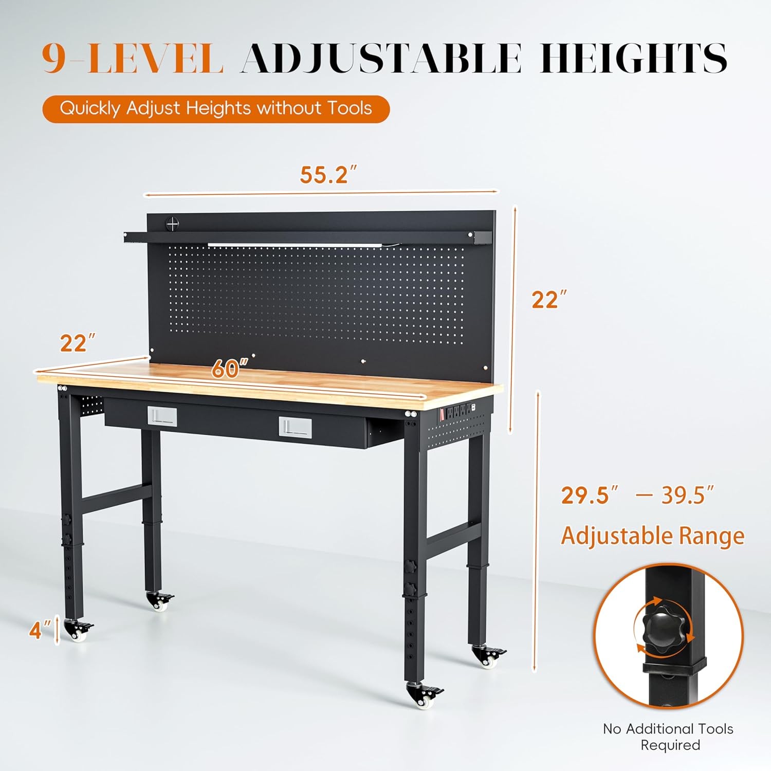 60" Heavy Duty Adjustable Workbench with Large Pegboard & LED Light, Adjustable