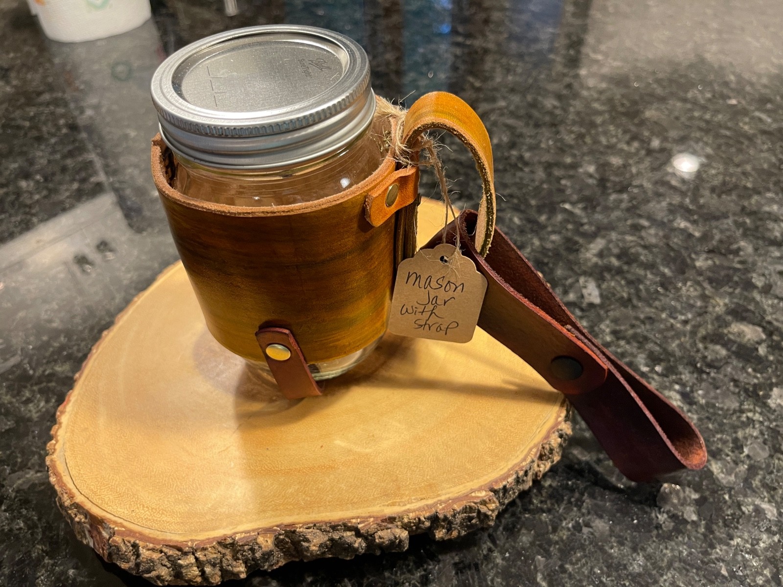 Leather Holder for 16 oz. Mason Jar with snap belt strap