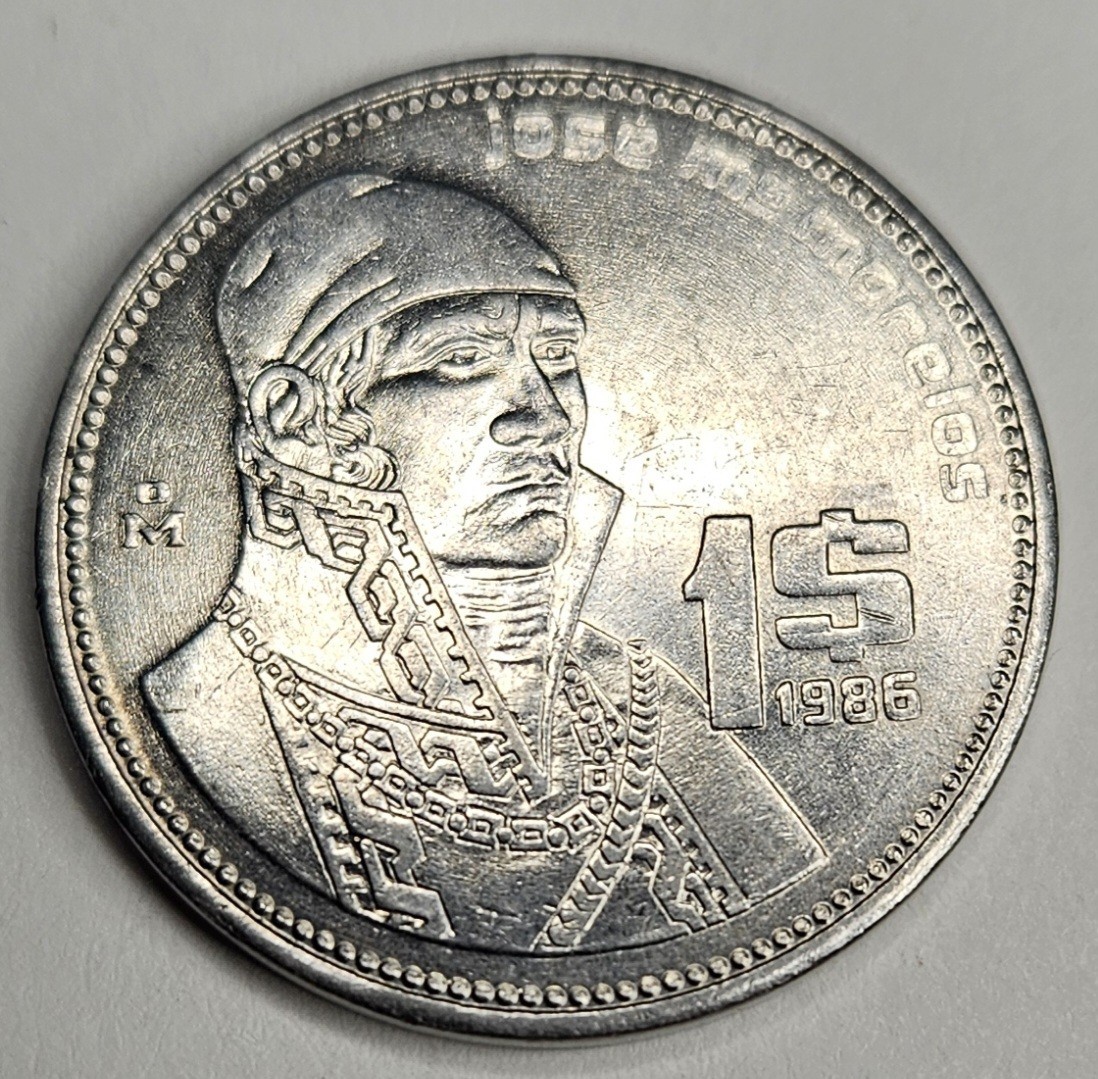 1986 Mexico 1 One Peso - Mexican Coin - Stainless Steel - World Coin