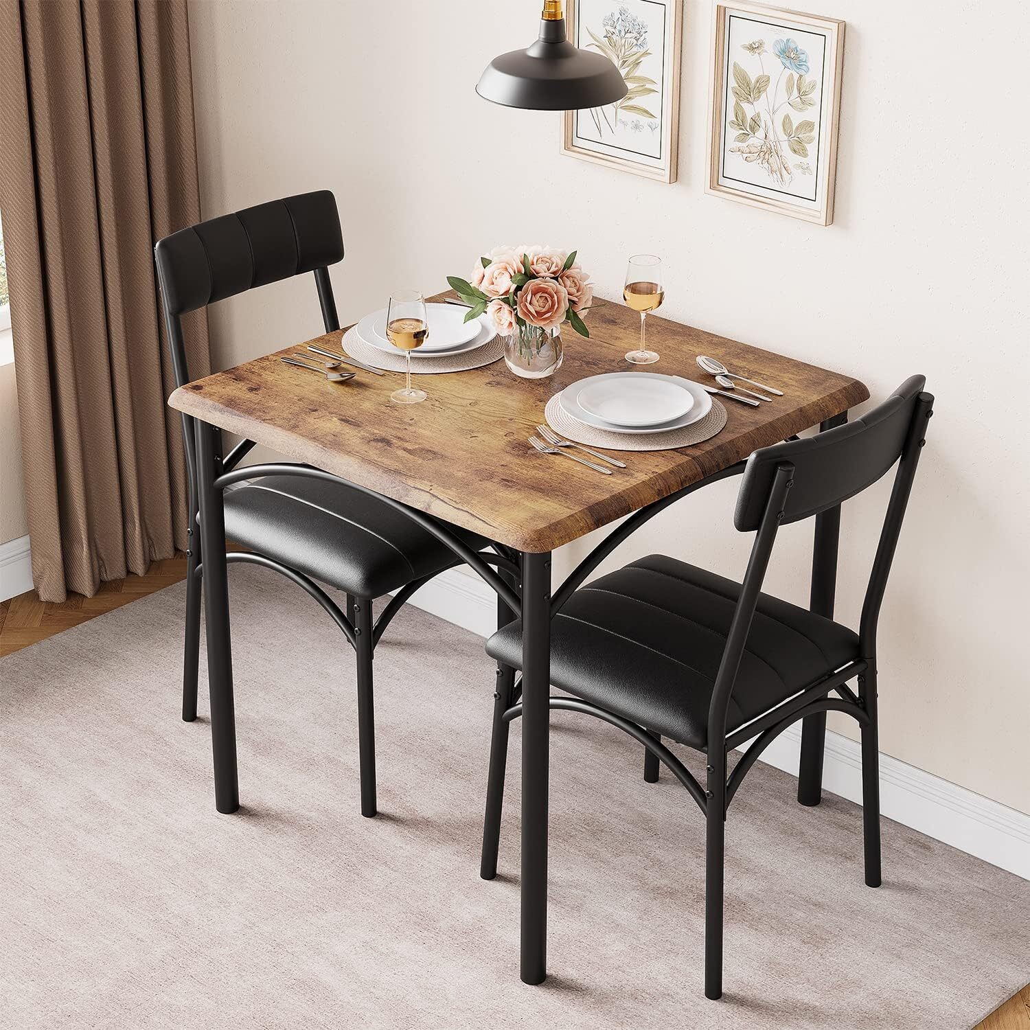 3PCS Dining Set Table and 2 Upholstered Chairs Wood Top for Small Space Kitchen