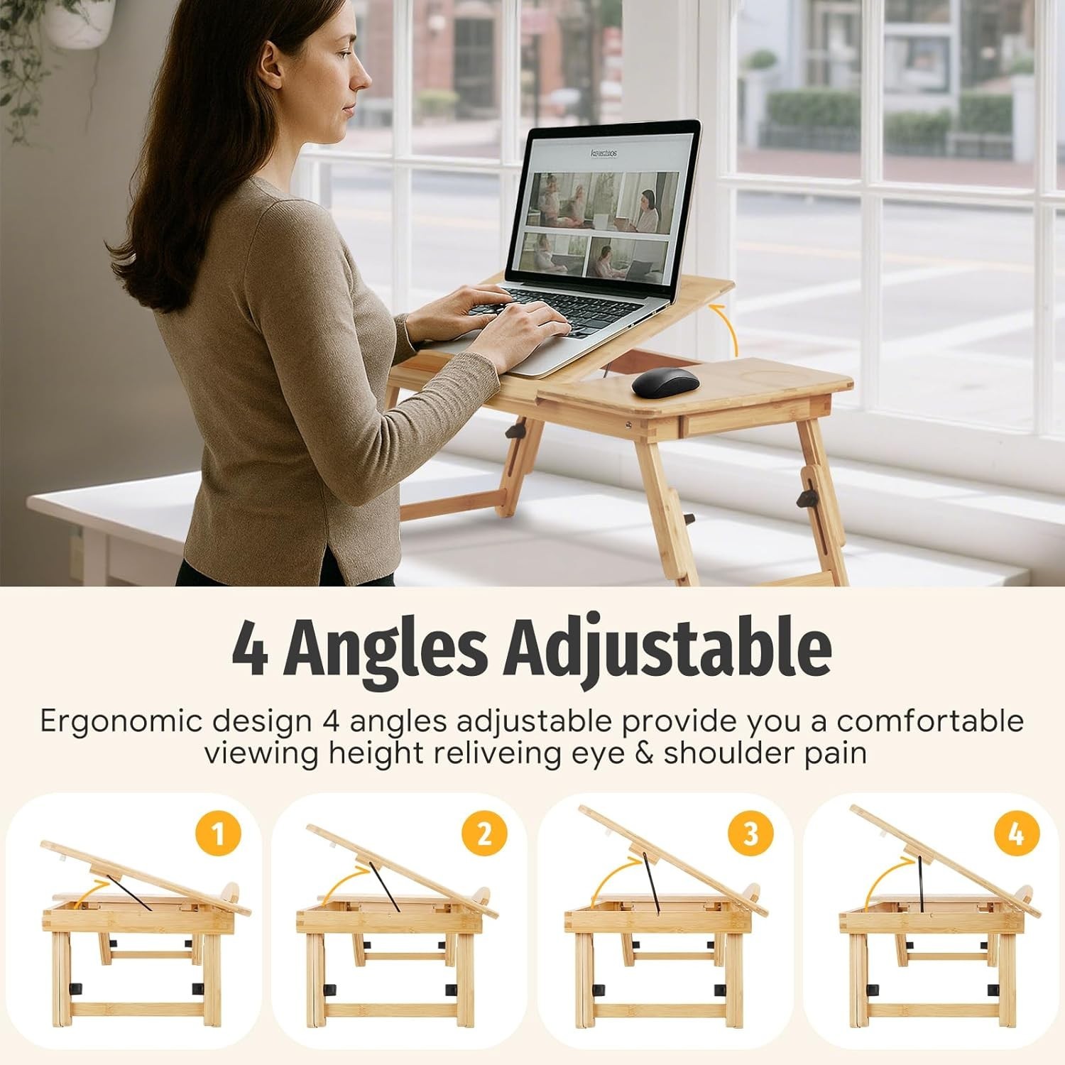 Bamboo Laptop Desk for Bed, Height & Angle Adjustable Foldable Lap Desk with ...