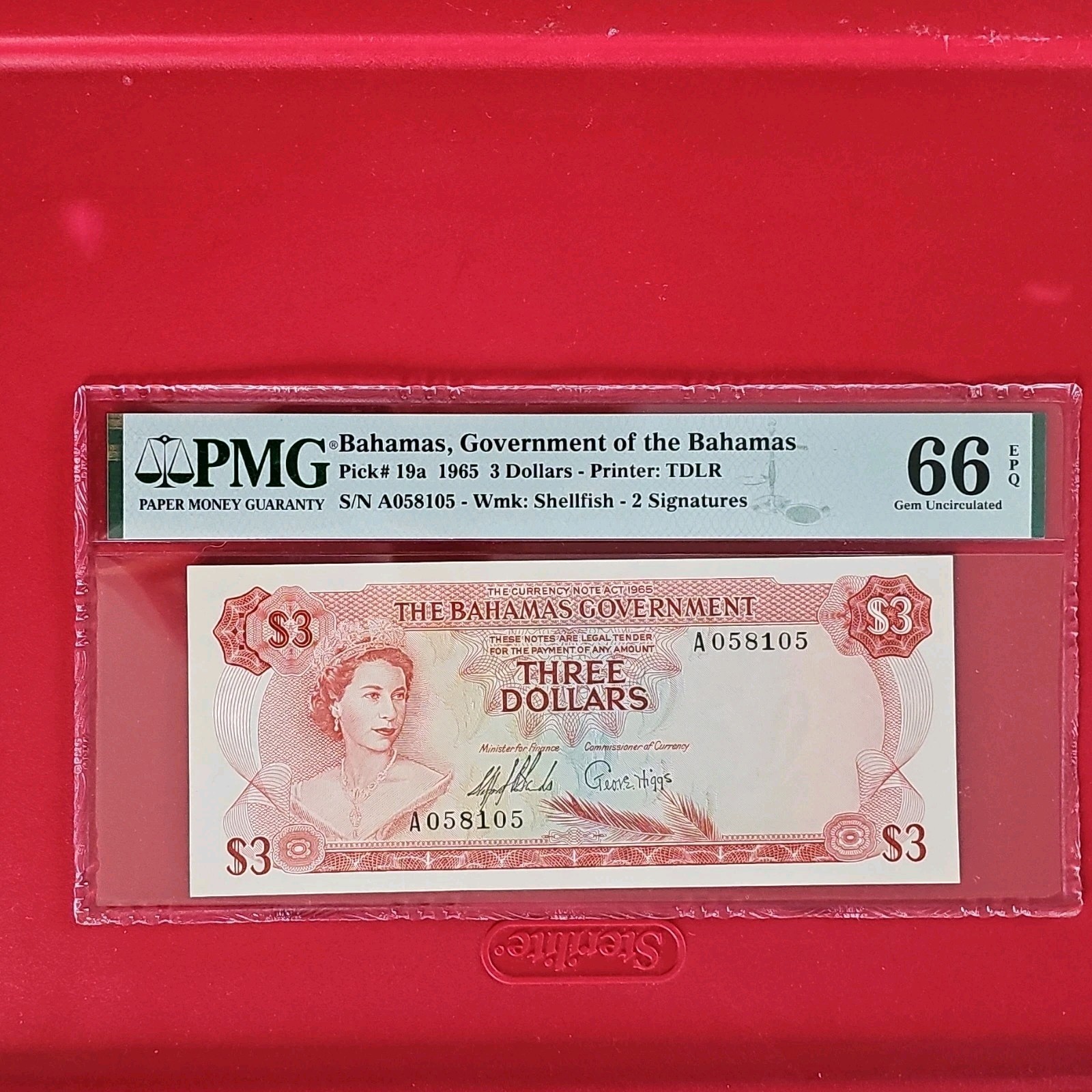 Bahamas Government 1965 $3 Banknote PMG 66 EPQ Pick 19a TDLR Shellfish