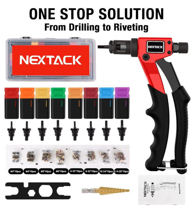 Rivet Nut Tool Kit 8" w/ Drill Bit, 80 Nutserts, Mandrels & Case – One-Hand Use