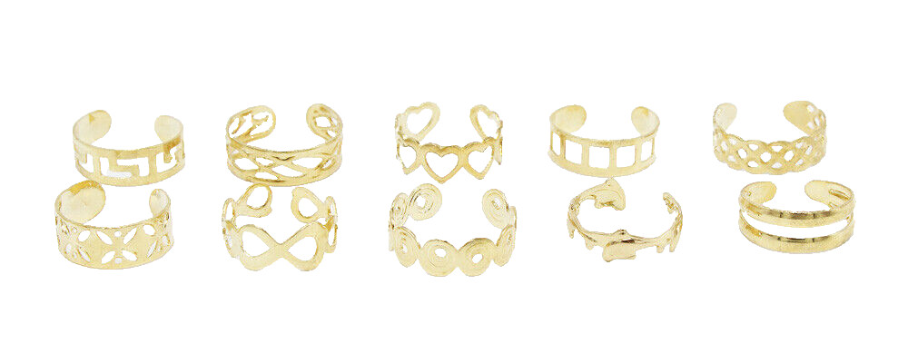New Set of 10 Ornate Gold Tone Toe Rings in Assorted Patterns #R1175