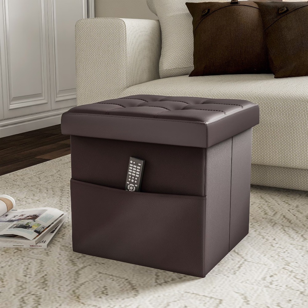 15-inch Folding Tufted Faux Leather Storage Ottoman with Pocket (Brown)