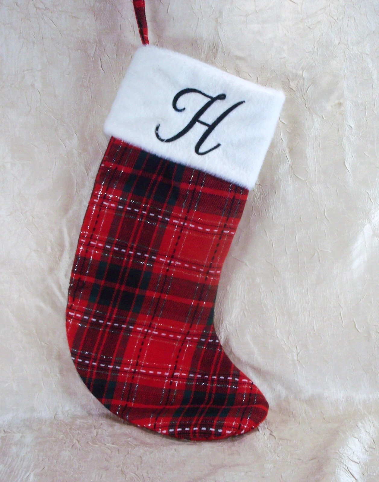 Initial H Plaid Red Christmas Holiday Stocking