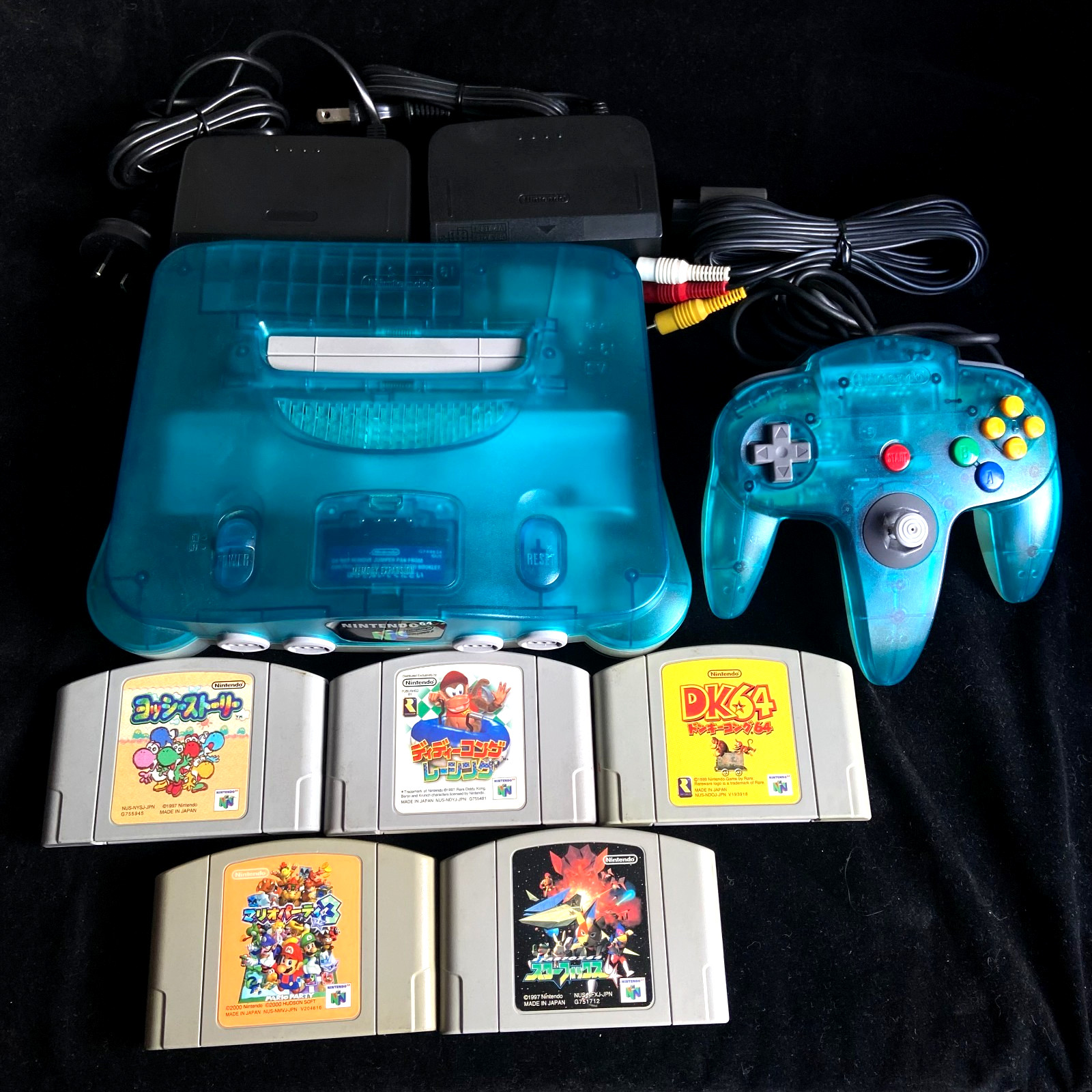 Original Nintendo 64 Ice Blue Region Free Console Bundle w/Games + Cables