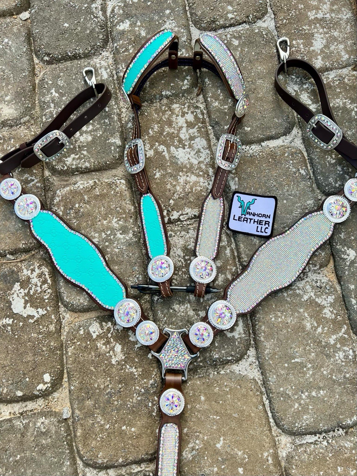 VanHorn Leather LLC Turquoise Western Horse Tack Set Breast Collar Headstall