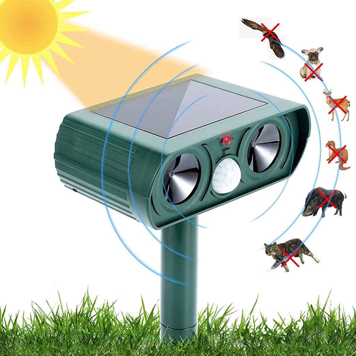 Outdoor solar animal repellent to drive away squirrels, cats, dogs, raccoons
