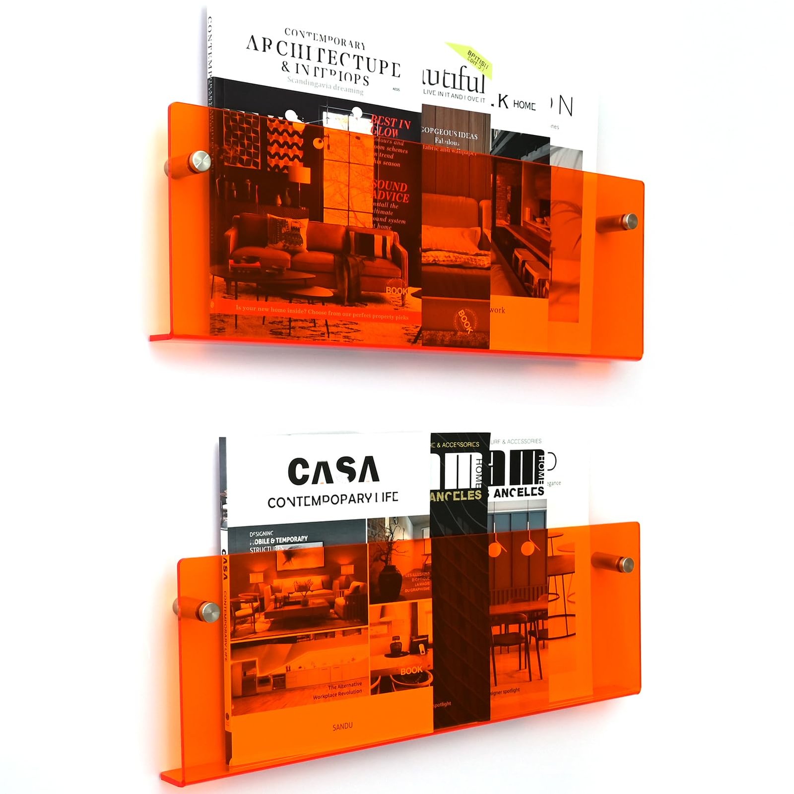2 Pack Orange Acrylic Magazine Holder, Wall Mount Hanging Bookshelf Literatur...