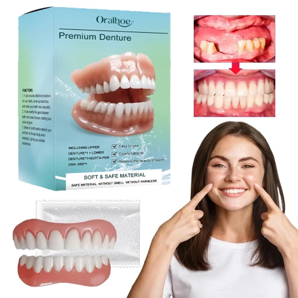 Complete Silicone Denture Veneers Set Full Upper Lower False Teeth w/Comfort Gum