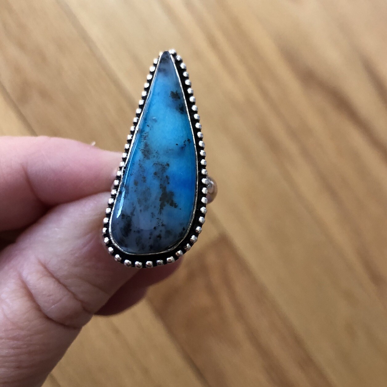 Marine Blue Dendritic Opal Arrow Ring Size 7 Raindrop Design Bezel