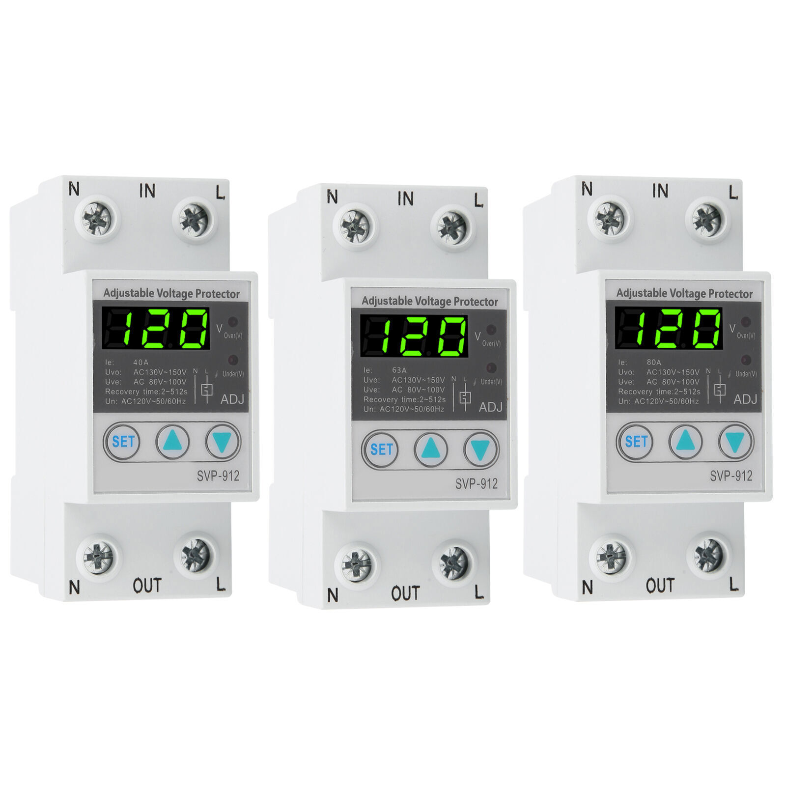 SVP‑912 120VAC Adjustable Automatic Reset Voltage Current Protector 40A/63A/80A