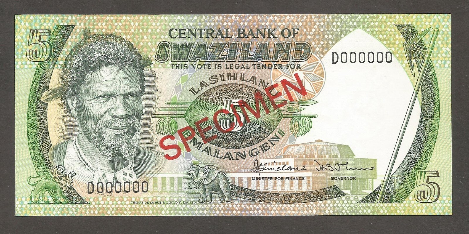 Swaziland 5 Emalangeni N.D. (1982); AU+; P-9s1; BNB-B204as; King, SPECIMEN
