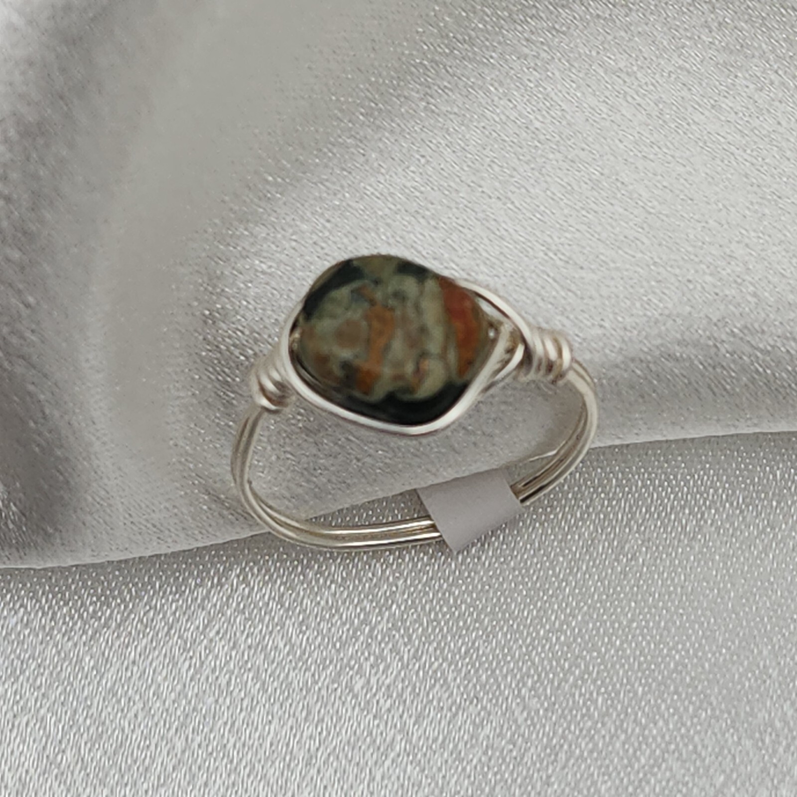 Wire Wrapped Moss Agate Stone Ring Size 8 - Rustic Handcrafted Minimal Jewelry