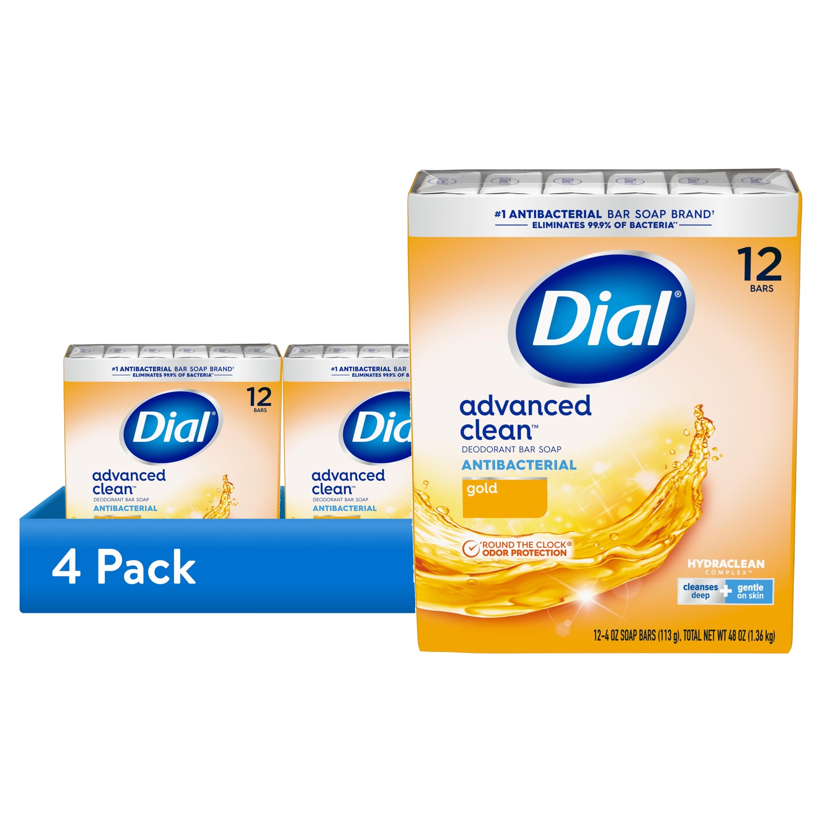 (4 pack)   Antibacterial Deodorant Bar Soap, Advanced Clean, Gold, 4 oz, 12 Bars
