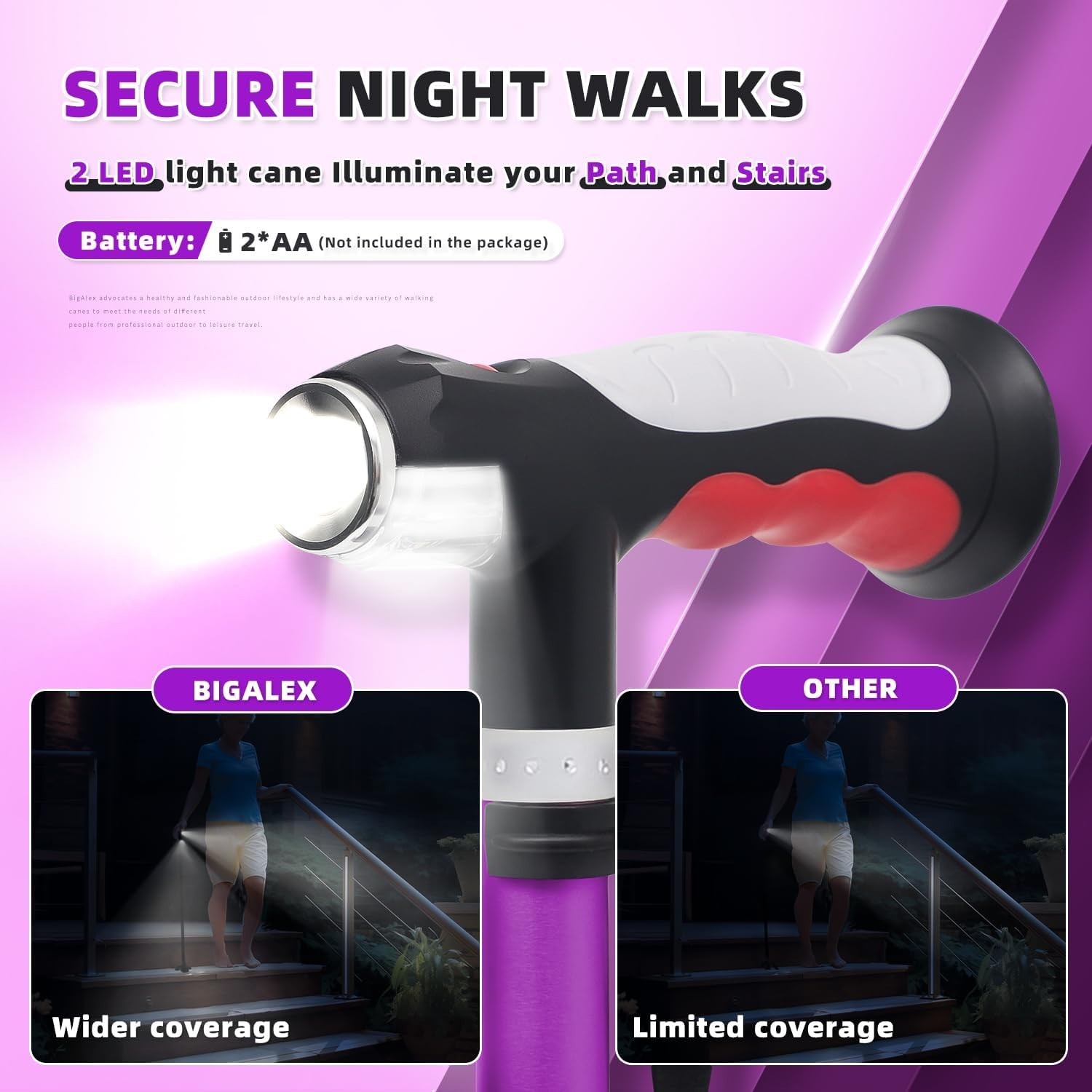 Adjustable Folding Walking Cane with 2 LED Lights Rubber Base Purple