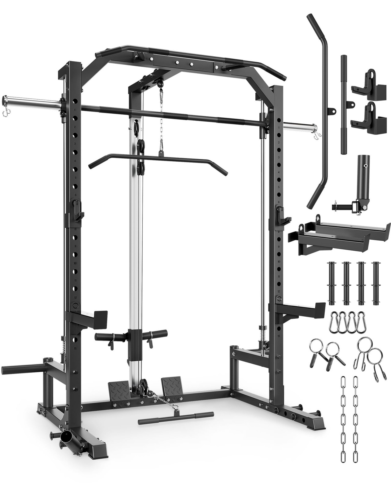 Smith Machine Power Cage w/ Barbell Bar, Cable System, LAT Pulldown for Home Gym