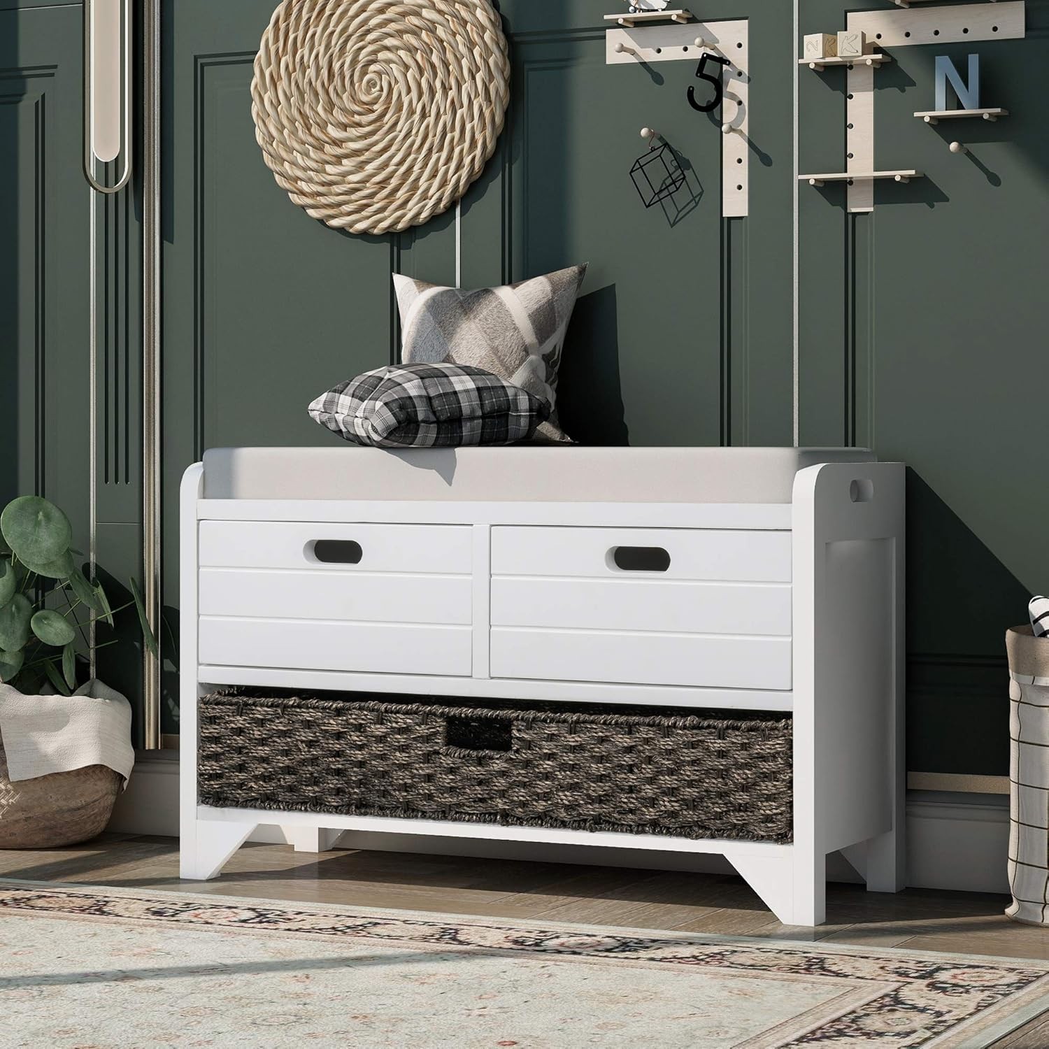 Merax White Wood Entryway Bench 2 Drawers Rattan Basket Type 5 WHITE