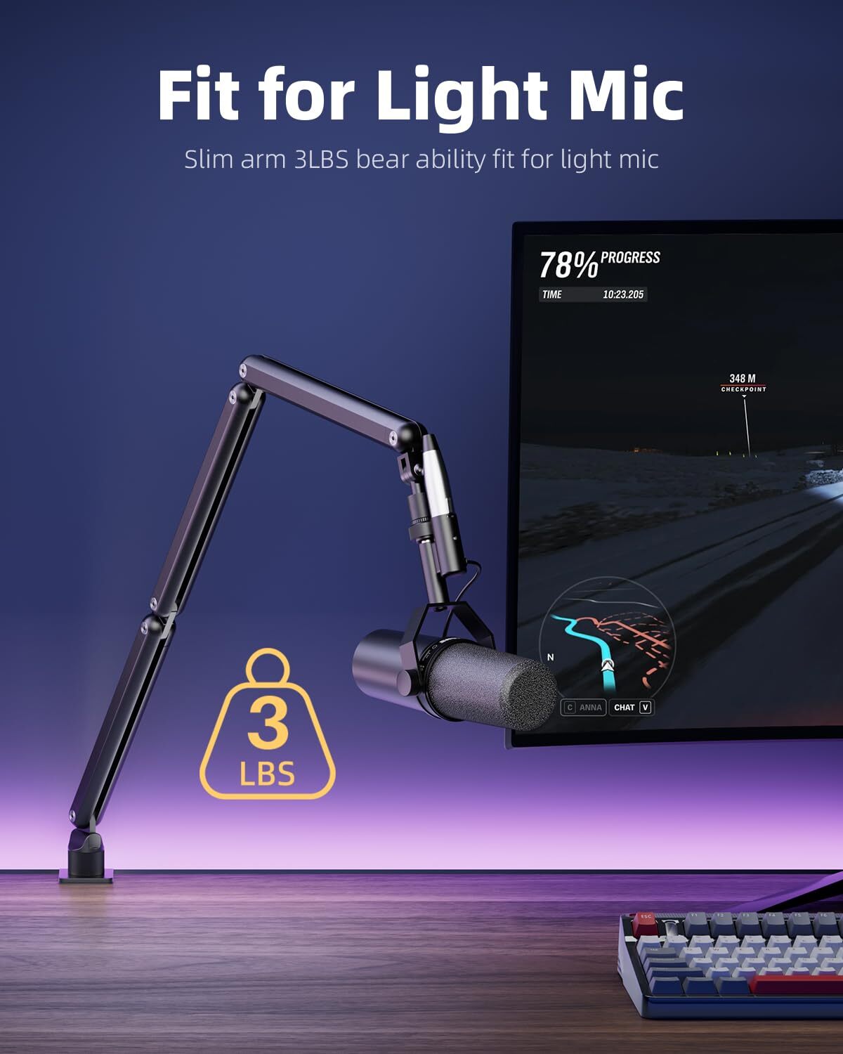 Rotatable Mic Arm with Clamp Boom Arm for Light Mics 3/8'' 5/8'' Thread