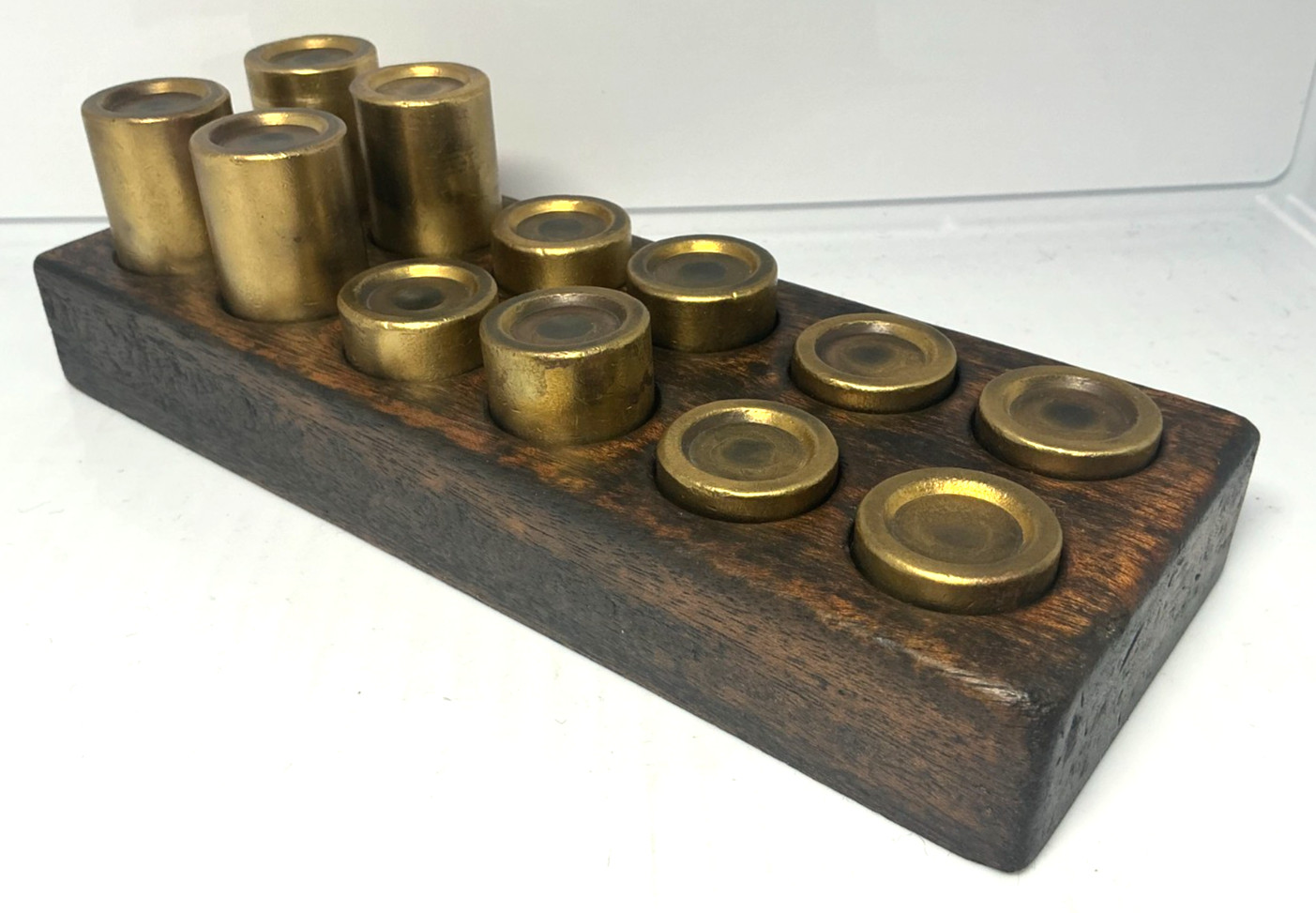 VINTAGE MOORE TOOLS SET OF 12 BRASS HEEL RESTS WOODEN HOLDER 5/8-1 7/8 INCHES