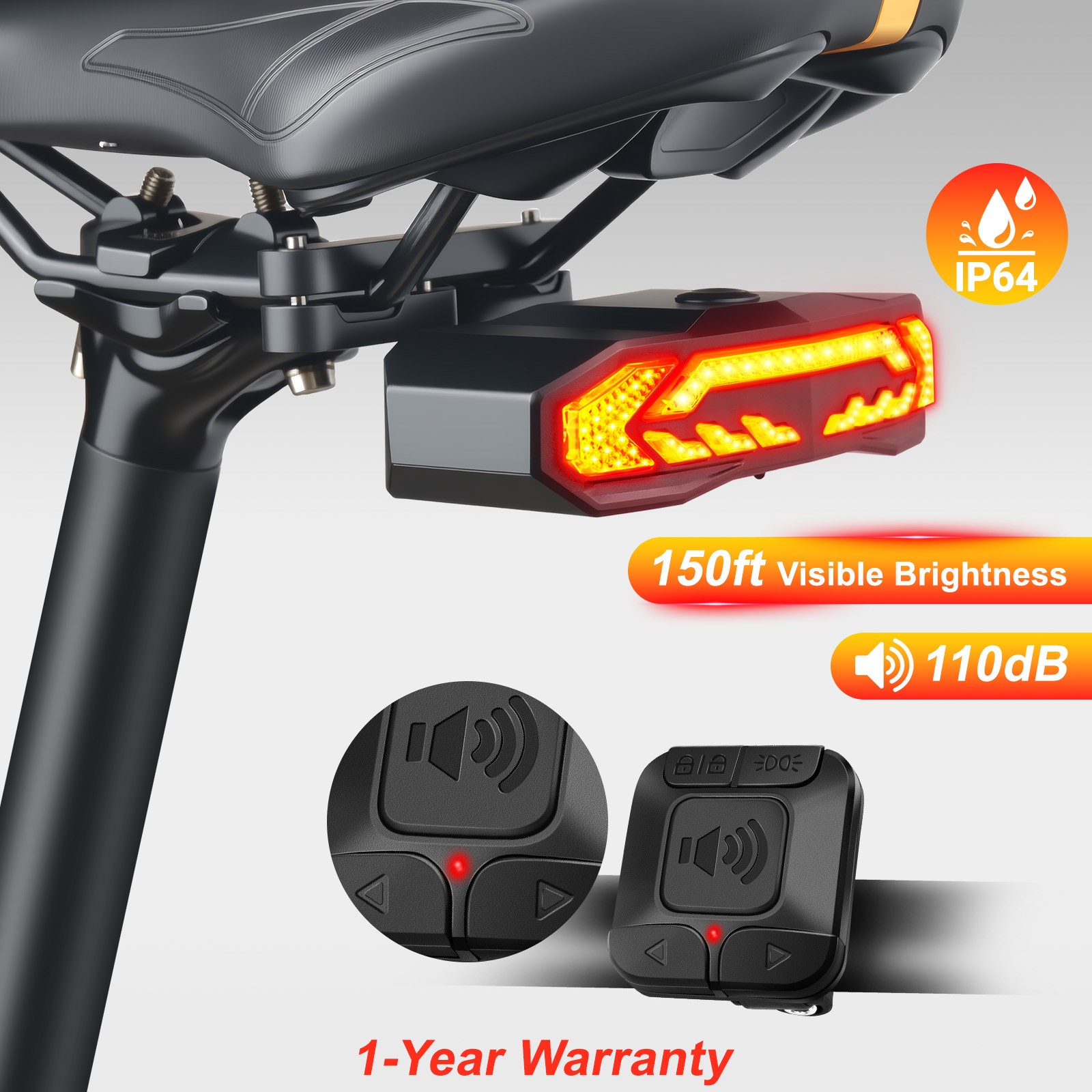 Waterproof Bike Rear Light w/ Seatpost Bracket 5-in-1 Alarm Turn Signal Brake