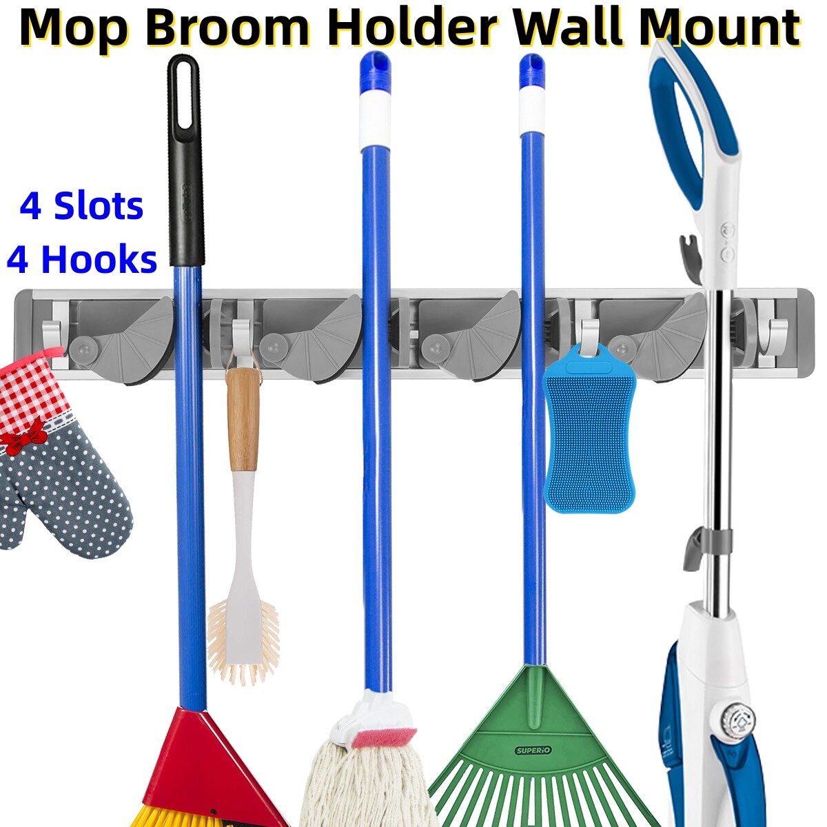 Mop Broom Holder Wall Mount Metal Broom Organizer Clean Tools 4 Slots & 4 Hooks